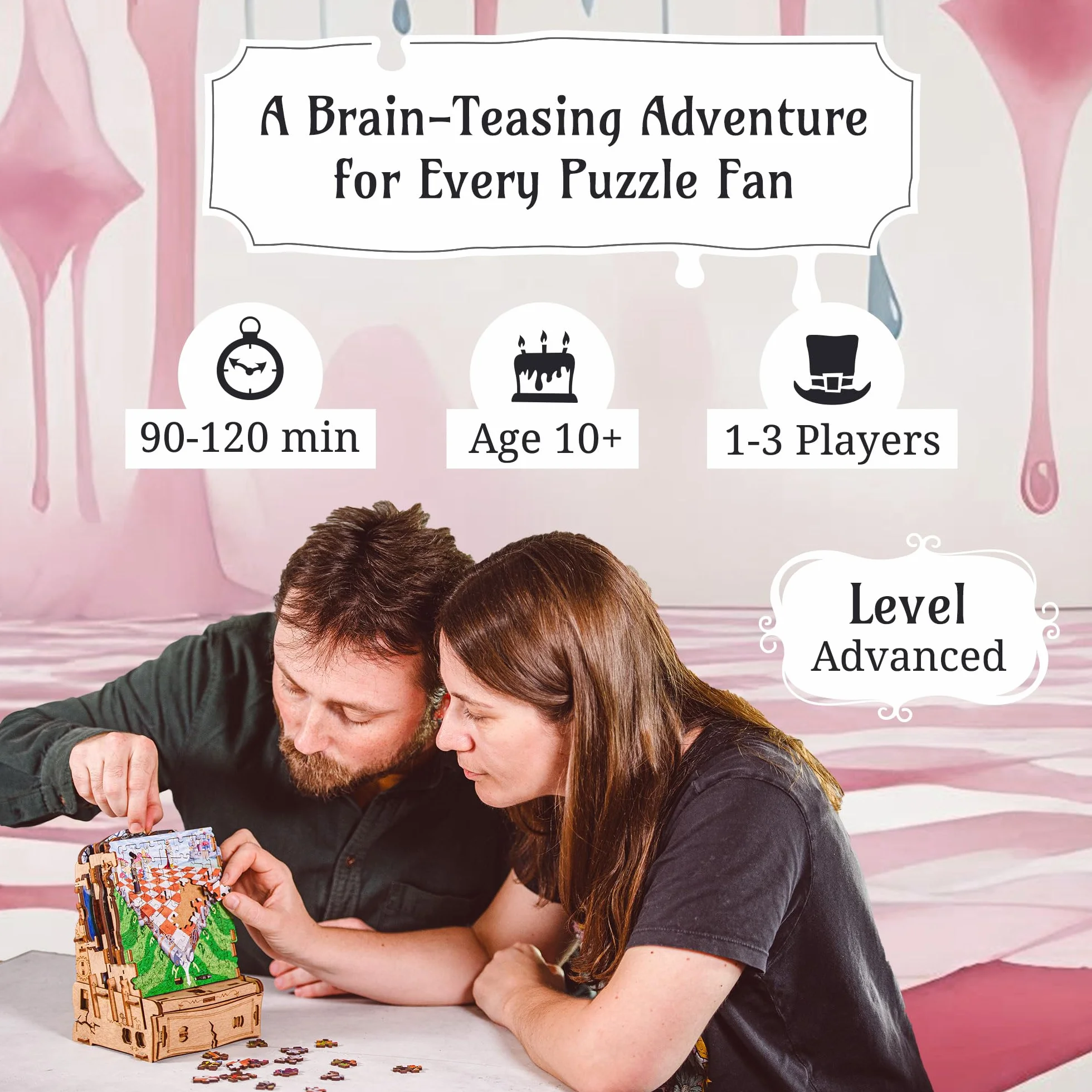 iDventure Cluepuzzle Wonderbox of Alice | gra Escape Room z puzzlami | Alicja w Krainie Czarów 3D | pudełko na prezent | skrzynia skarbów | pudełko na puzzle sekwencyjne | prezent pieniężny | prezent