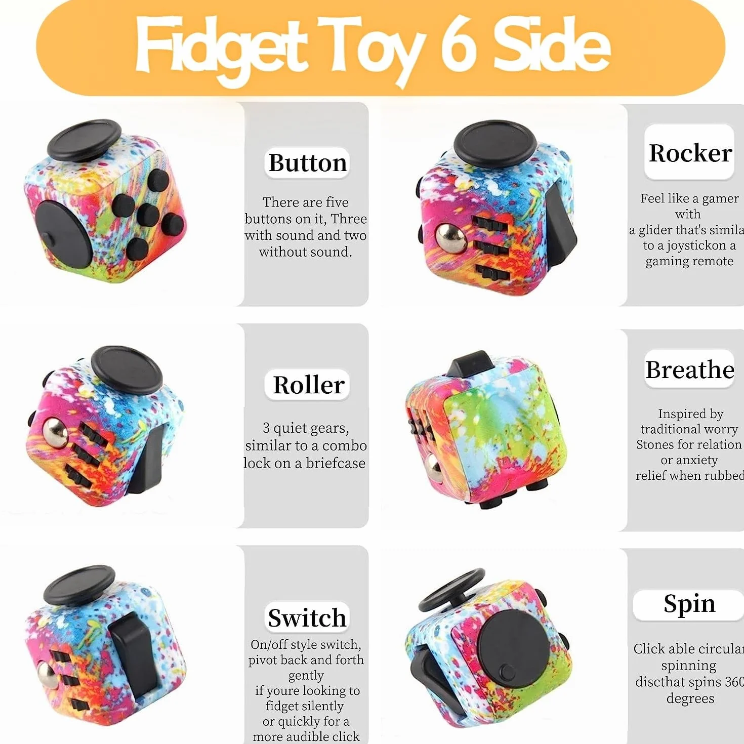 Fidget Toy Cube, antystresowa kostka, antystresowa kostka, kontroler do redukcji stresu w przypadku ADD, ADHD, autyzmu, nastolatków, dzieci, dorosłych (kolor kolorowy)