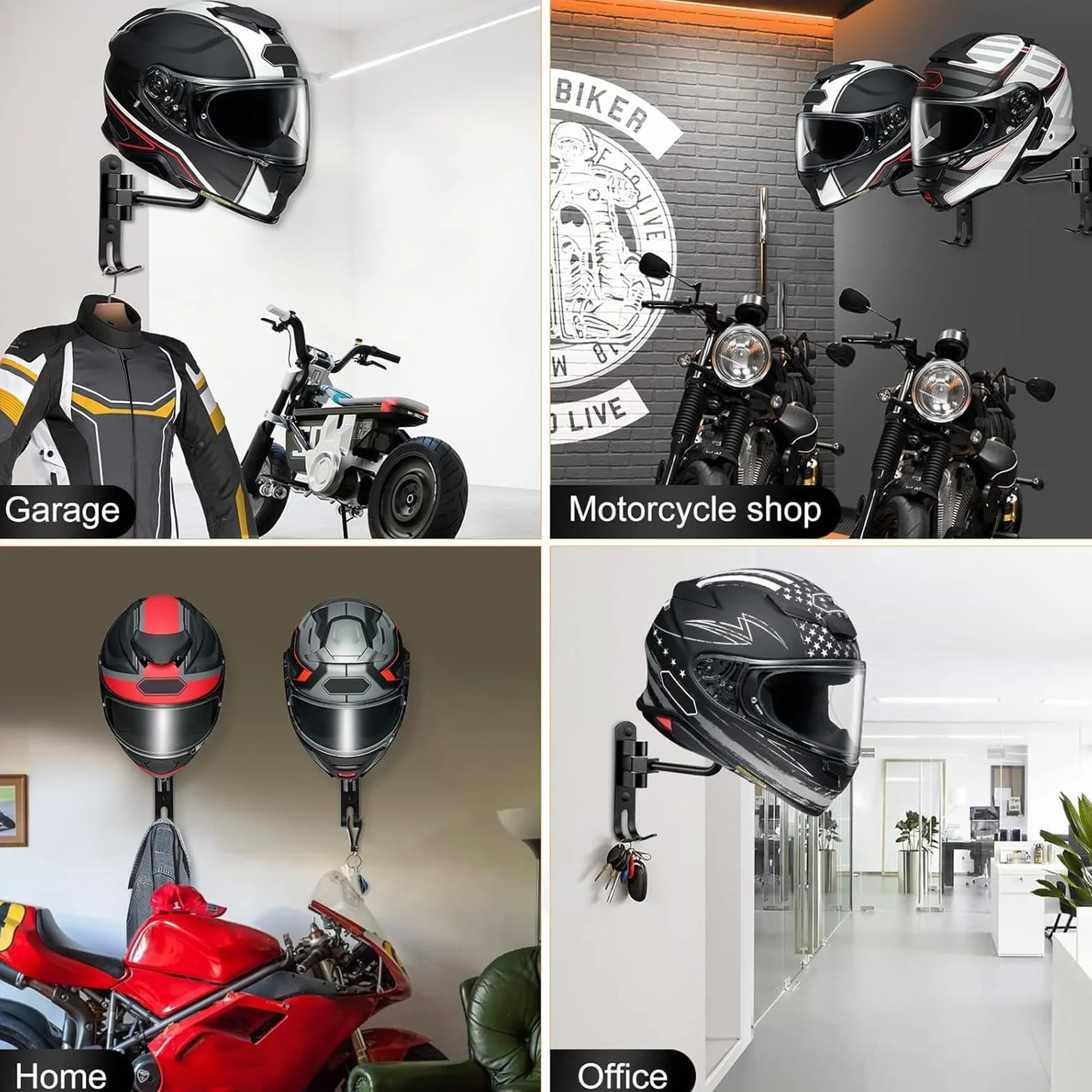 2 szt. Uchwyt na kask motocyklowy naścienny, wiszący na kask motocyklowy uchwyt na kapelusze z hakiem, obracany o 180 stopni, uchwyt kasków sferycznych do zawieszania odzieży na klucze