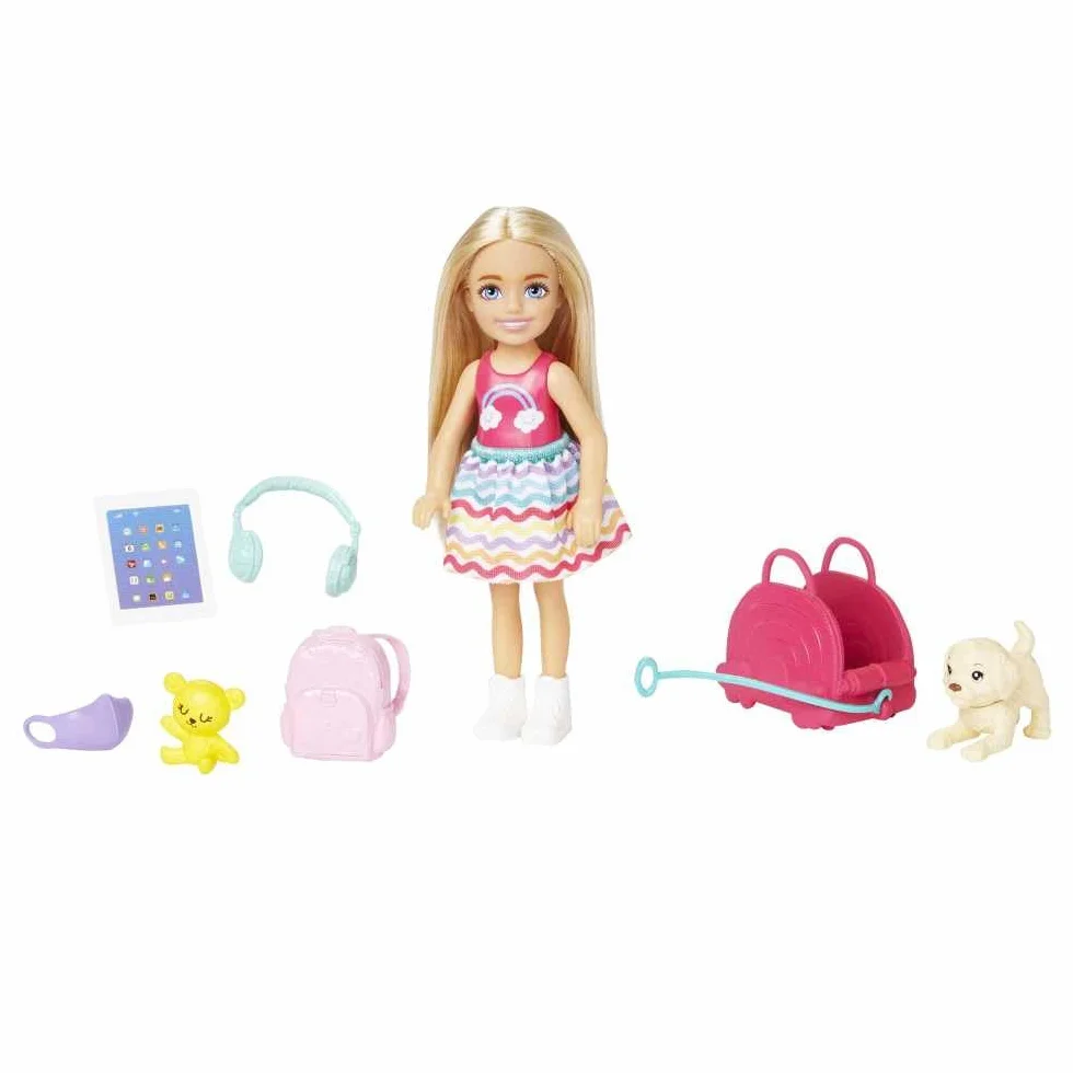 Barbie Chelsea Small Doll & 6 Accessories, Travel Set with Puppy, Pet Carrier & Backpack that Opens & Closes, Blonde Hair, HJY17