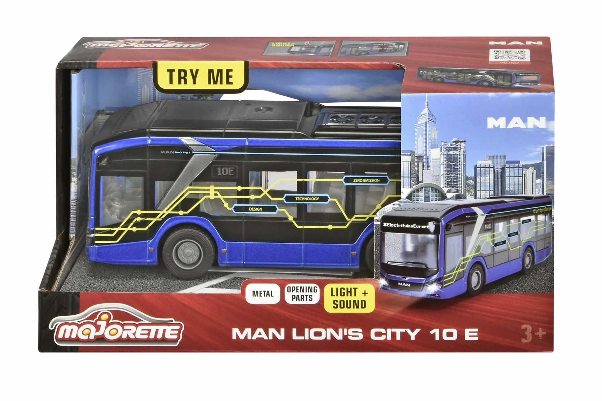 Majorette 213743008 Seria Grand: metalowe, wytrzymałe pojazdy dostępne w większym wydaniu, Autobus MAN Lion z funkcją światła i dźwięku w skali 1:43, długość 22,5 cm, dla dzieci od 3 lat