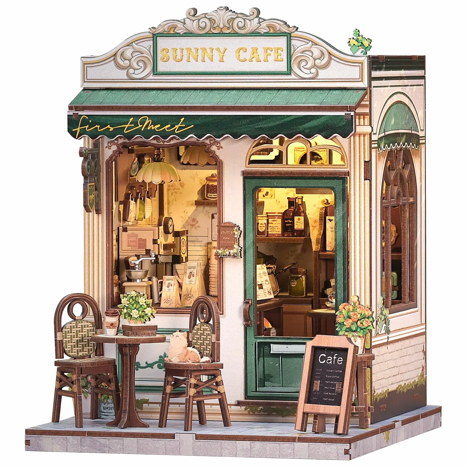 CUTEBEE Book Nook Kit-DIY Domek Dla Lalek,Drewniana Zakładka 3D w Stylu Vintage Biel & Zieleń,Dekoracja na Półkę,Prezent dla Dorosłych (Sunny cafe)