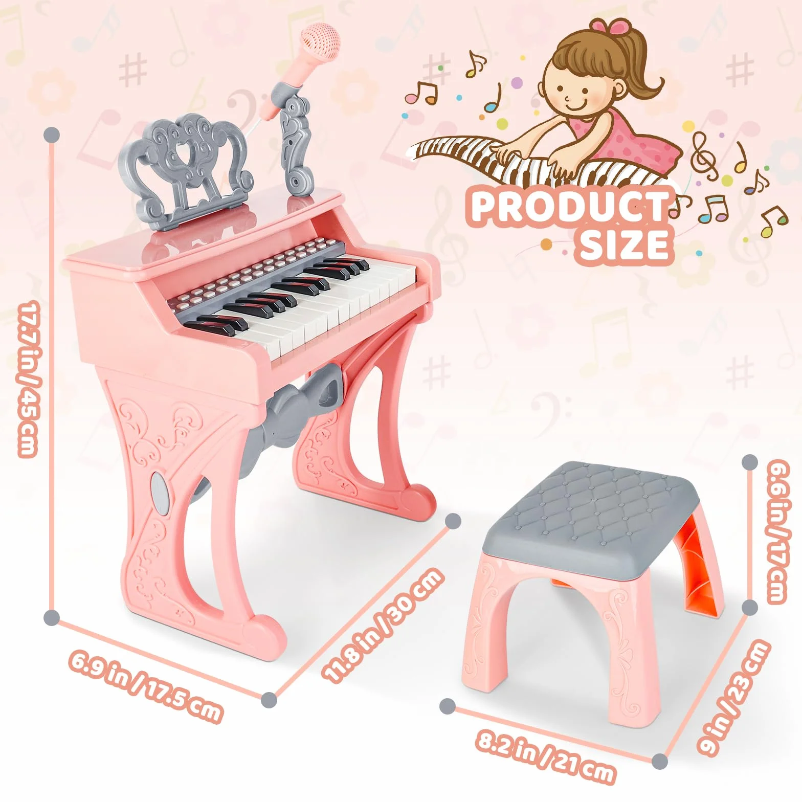 deAO Pianino dla dzieci, zabawki do muzycznej klawiatury fortepianowej dla dzieci, elektroniczna zabawka fortepianowa z stołkiem i mikrofonem, 25 klawiszy, 22 piosenki, różowy