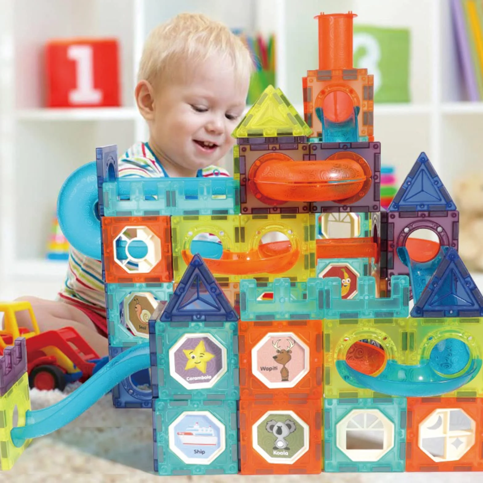 Klocki Magnetyczne 144 szt ze Światłem LED & Tor Kulkowy - Magnetyczne Klocki Konstrukcyjne dla Dzieci 5-12 lat | Edukacyjne Zabawki STEM (Montessori)