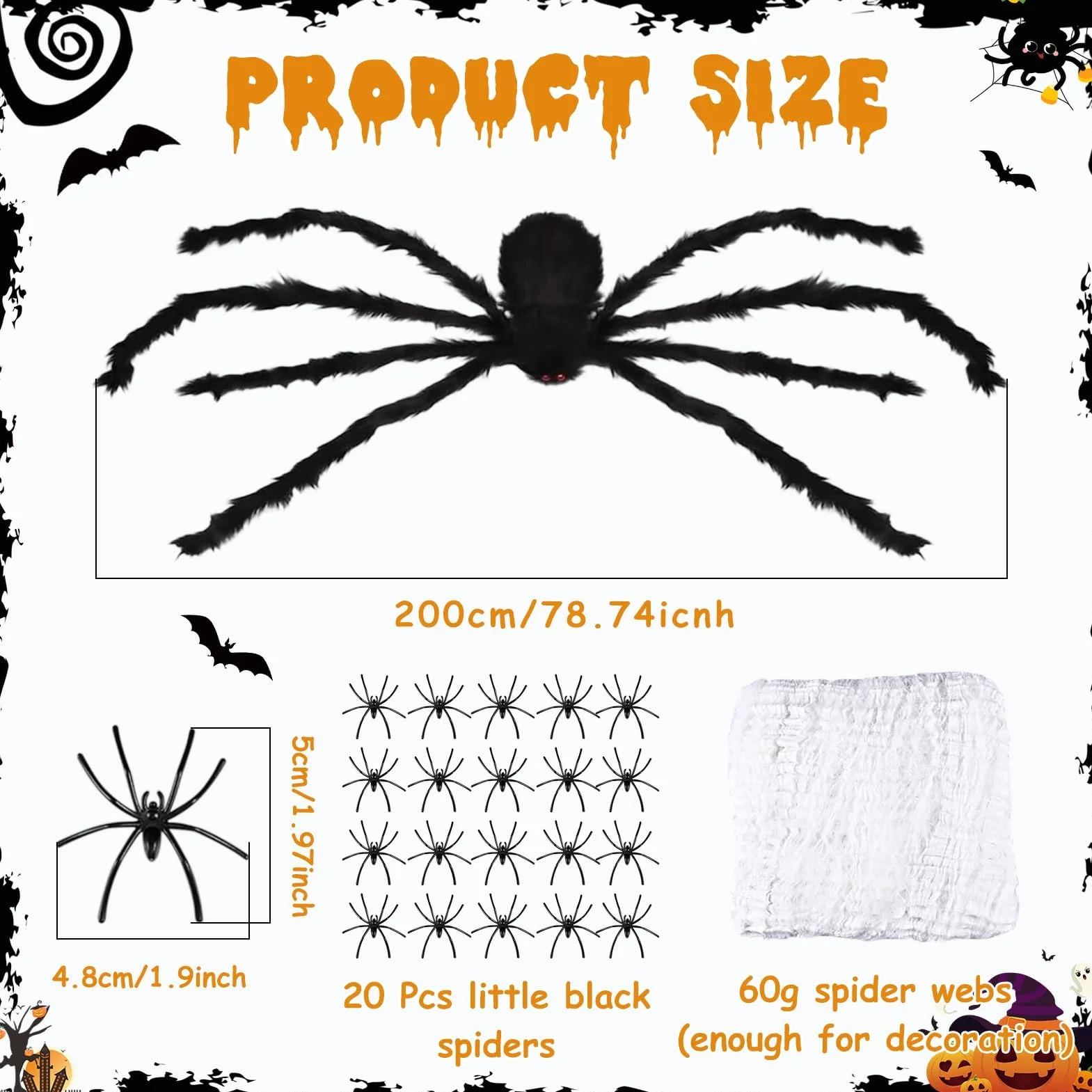 Ogromny pająk na Halloween, 2 m, olbrzymi pająk, dekoracja na Halloween, do ogrodu, na zewnątrz, pajęcza sieć na Halloween, Halloween, na imprezę, do ogrodu, na zewnątrz