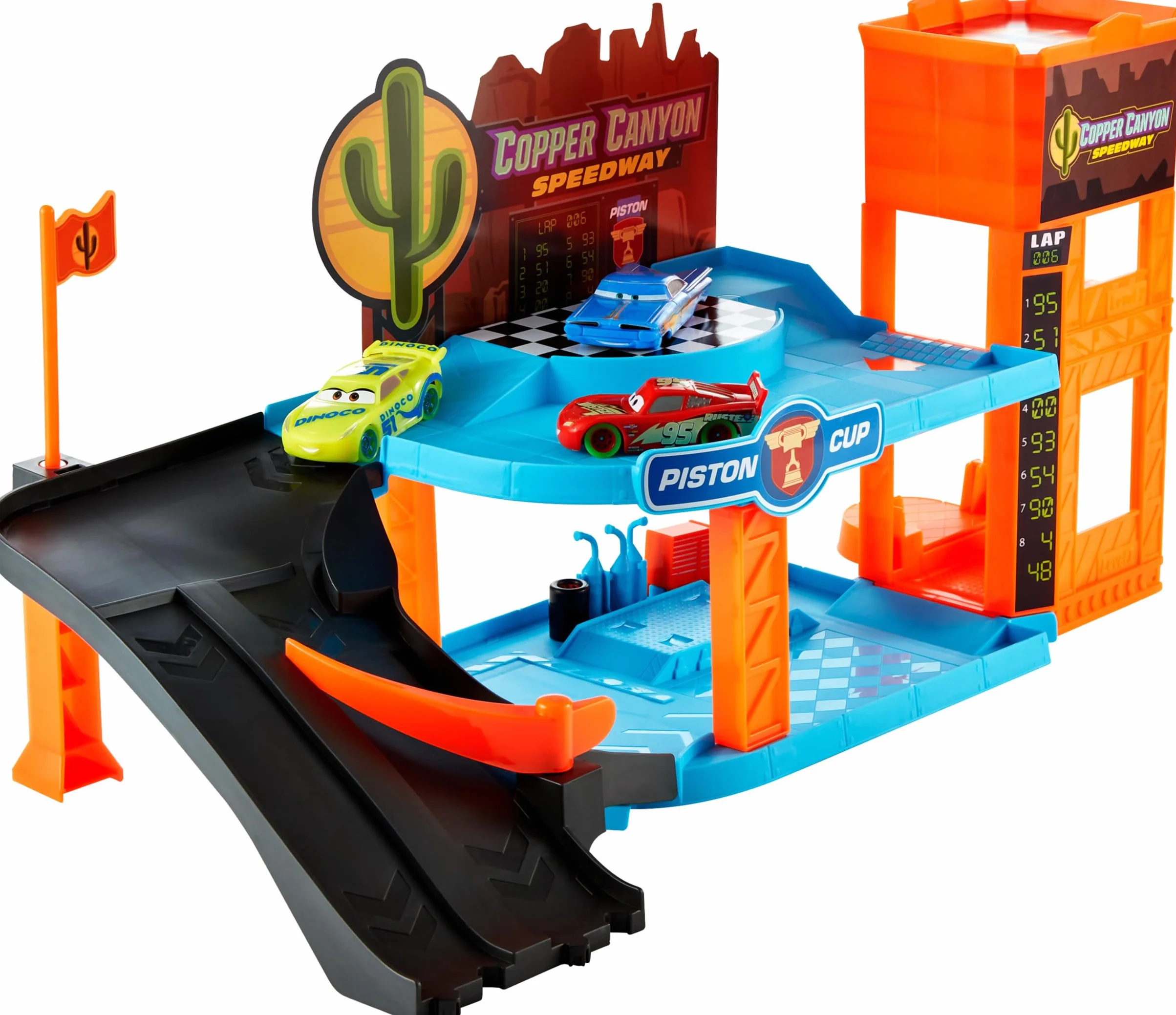Mattel Disney Pixar Cars Auta Glow Racers Garaż Copper Canyon Świecący w ciemności Zestaw z 3 samochodzikami w skali 1:55, HPX75