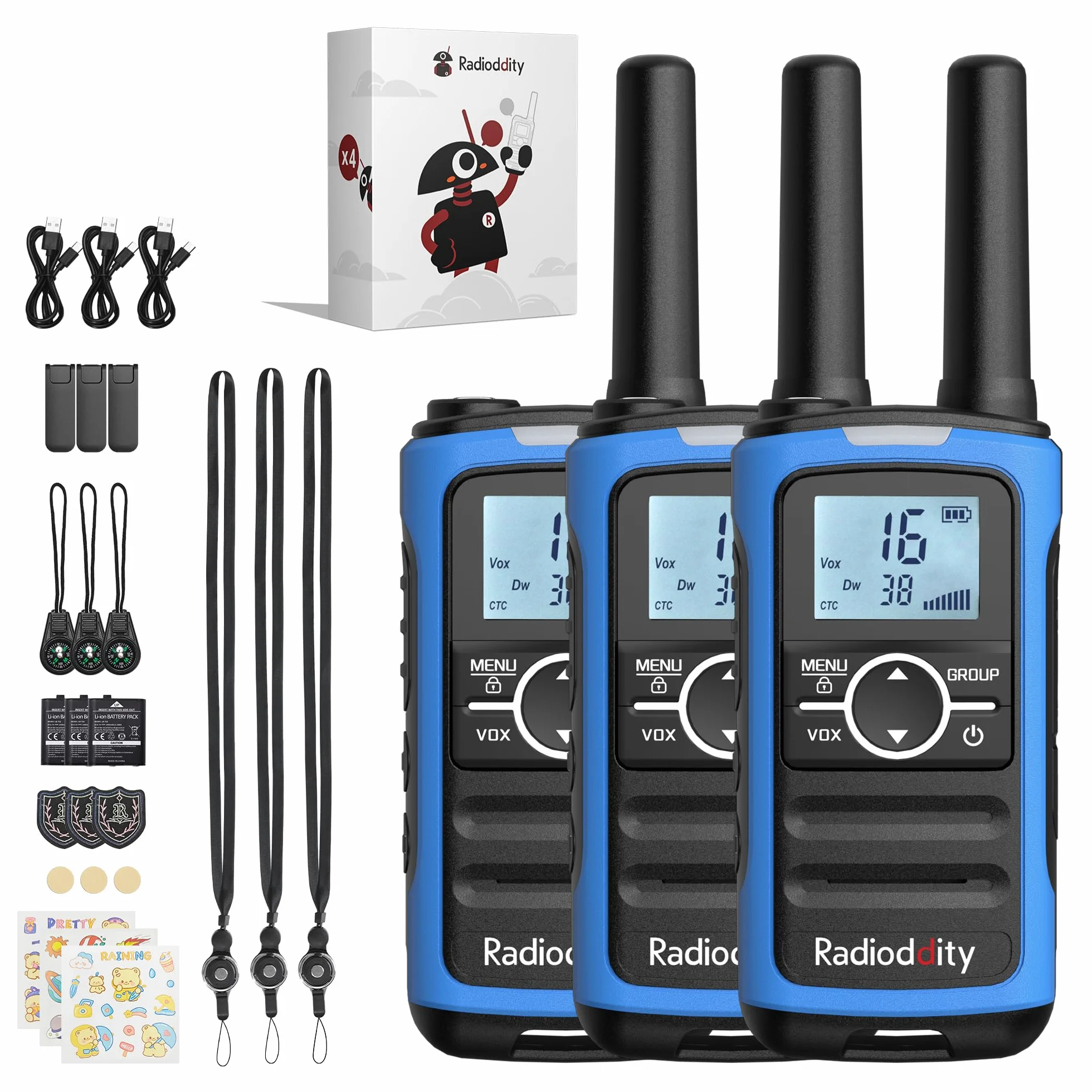 Radioddity PR-T8 Walkie Talkie dla dzieci, PMR446 Dwukierunkowe radio z możliwością ładowania, daleki zasięg, funkcja połączeń grupowych, VOX, latarka, bateria 2000 mAh, ładowanie USB-C, do wędrówek,