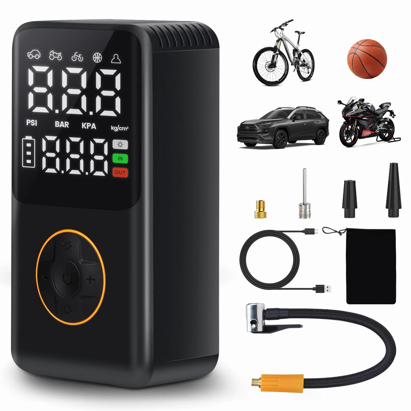 Elektryczna pompka powietrza 150 PSI,Kompresor Powietrza Przenośny,automatyczne zatrzymanie,4000 mAh Pompka do Opon Samochodowych z Ekran LCD Lampą LED Ładowanie USB do Motocykli/Piłek/rowerów