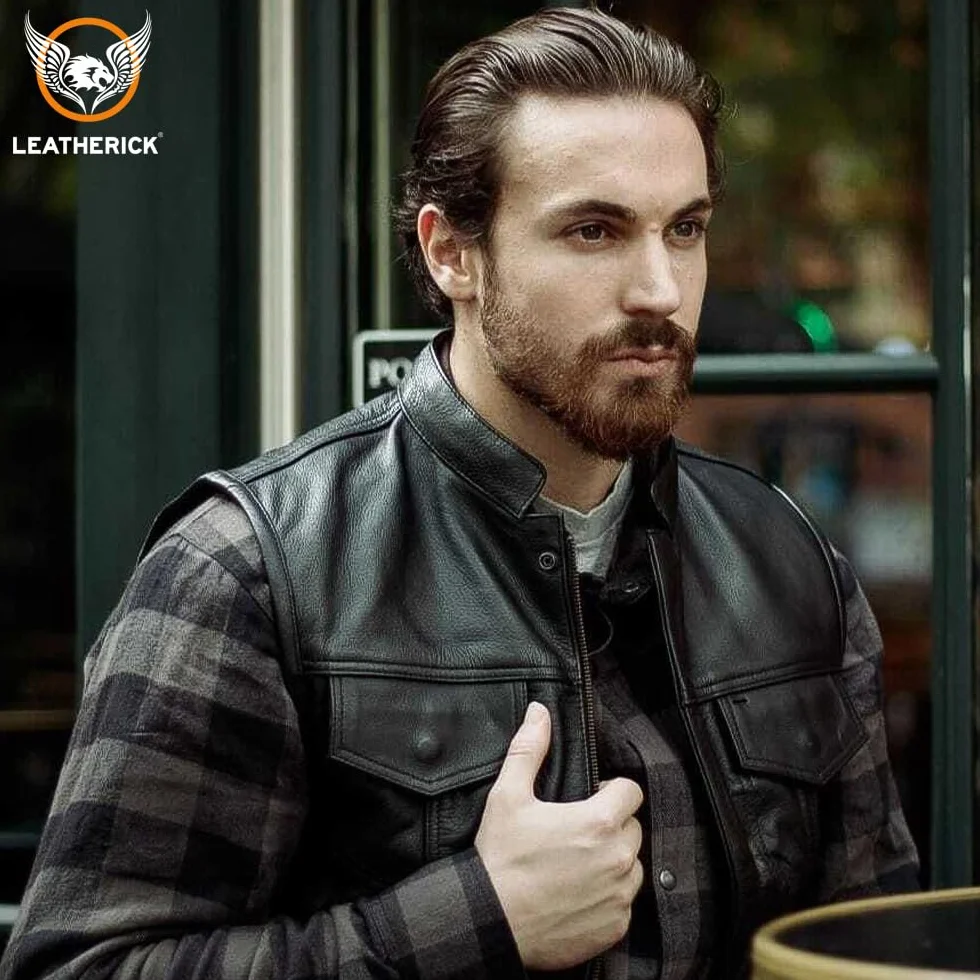Leatherick Męskie czarne kamizelki motocyklowe SOA Club Paisley Satin Liner Skórzane