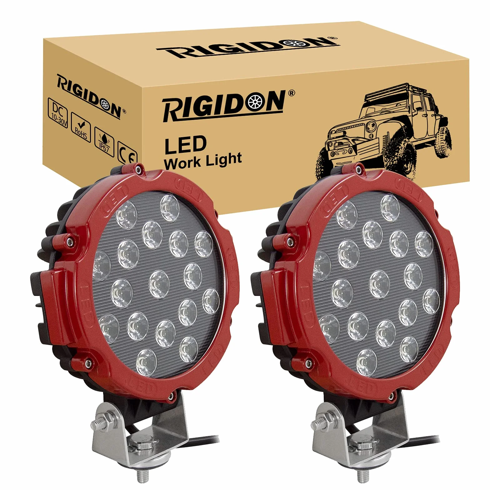 RIGIDON Okrągłe oświetlenie robocze LED 18 cm 51 W wiązka powodziowa 12 V 24 V 6000 K biała
