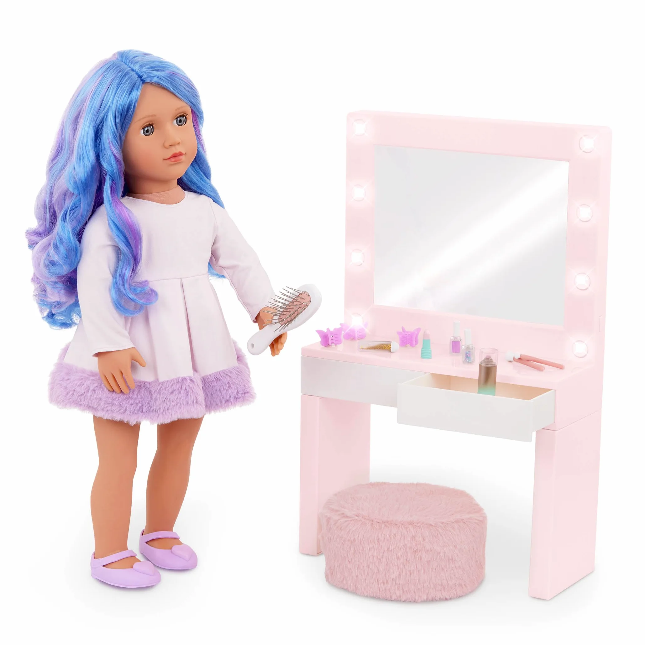 Our Generation Pink Vanity Table Playset – Light-up Mirror – Pretend Makeup & Styling Items – 45 cm Doll Accessories – Toys for Kids Ages 3 & Up – Glam & Glow Vanity Set