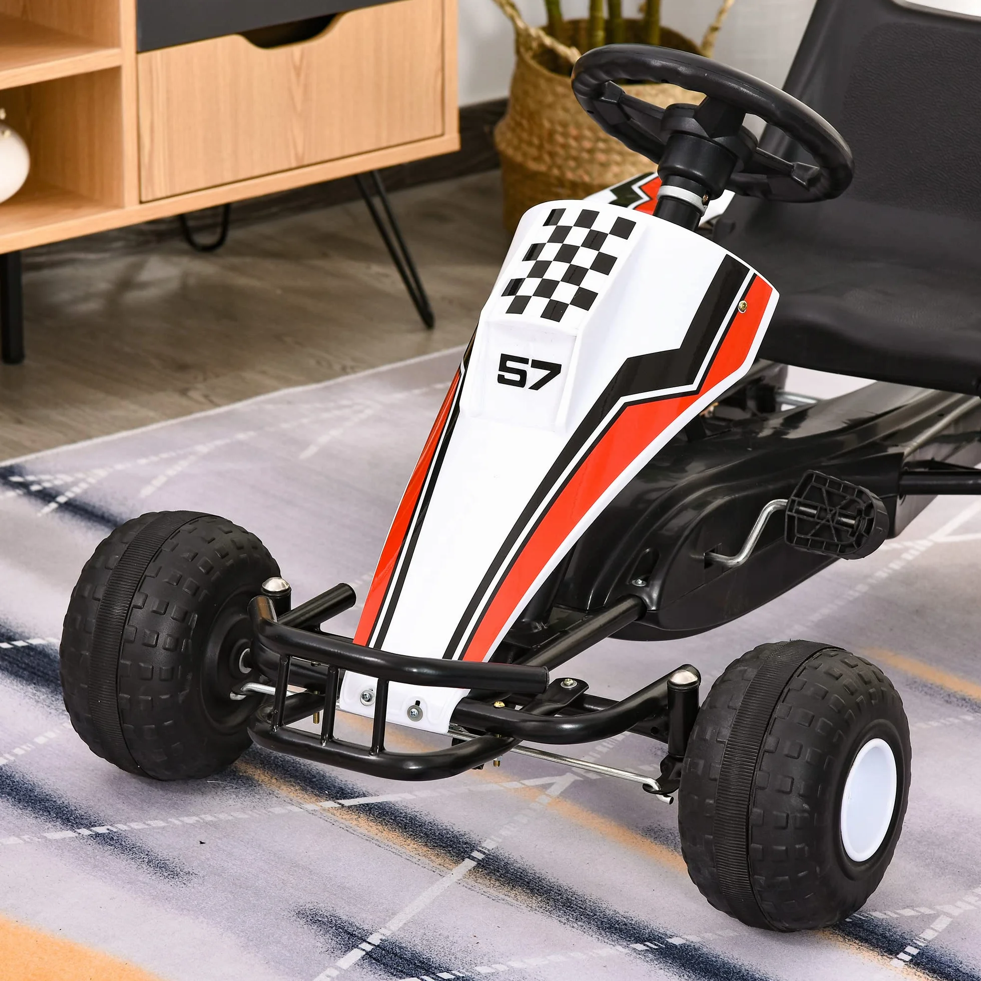 Gokart HOMCOM samochód dziecięcy na pedały z pedałem hamulca zabawka dla dzieci 3–8 lat stal kolor biały 104 x 66 x 57 cm