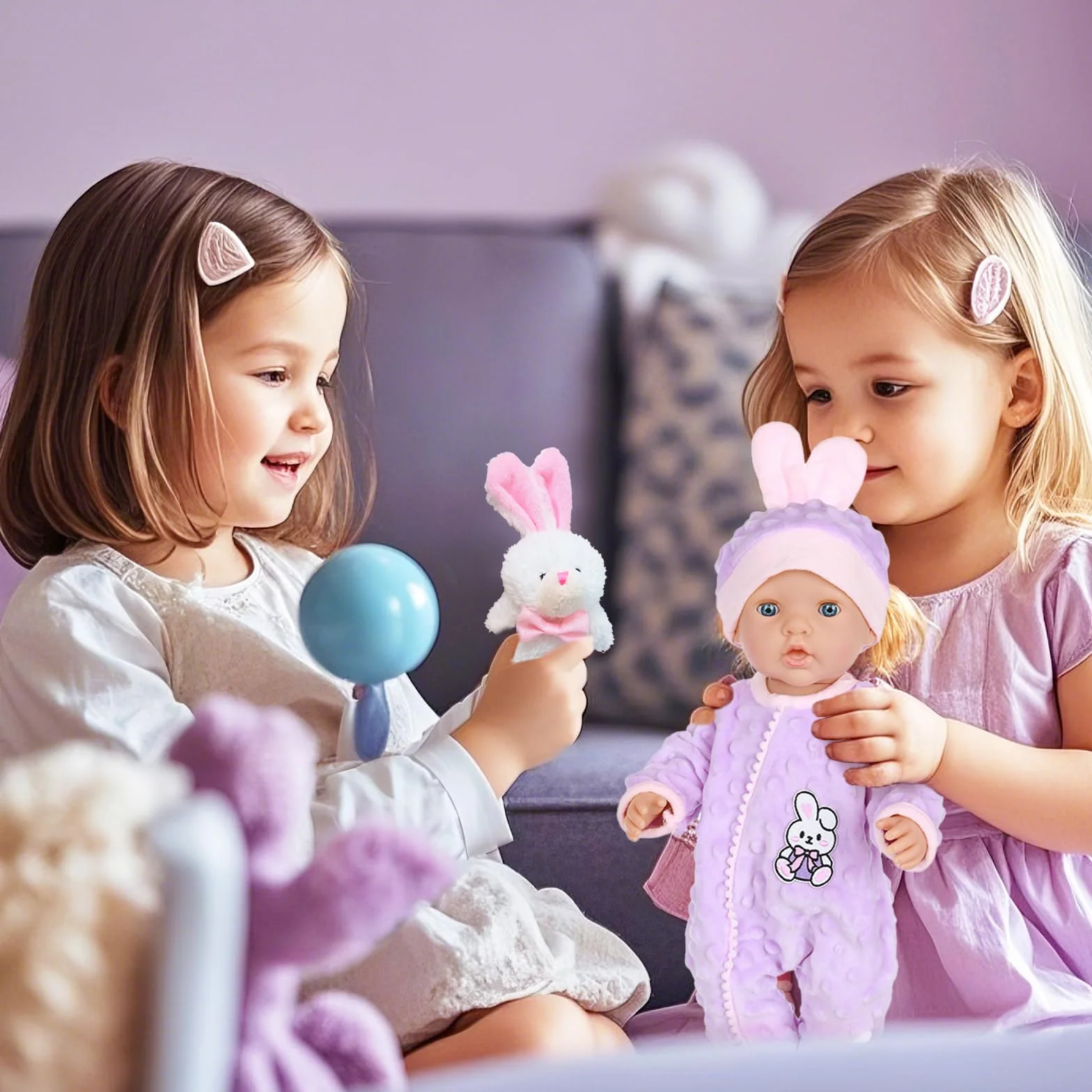 Ubranka dla lalek baby 12-18 cali, zestaw 6 części w kolorze fioletowym z kostiumem króliczka, wraz z małą czapką, skarpetkami i płaszczem z wieszakiem dla lalek 30-45 cm, słodkie ubranka dla lalek