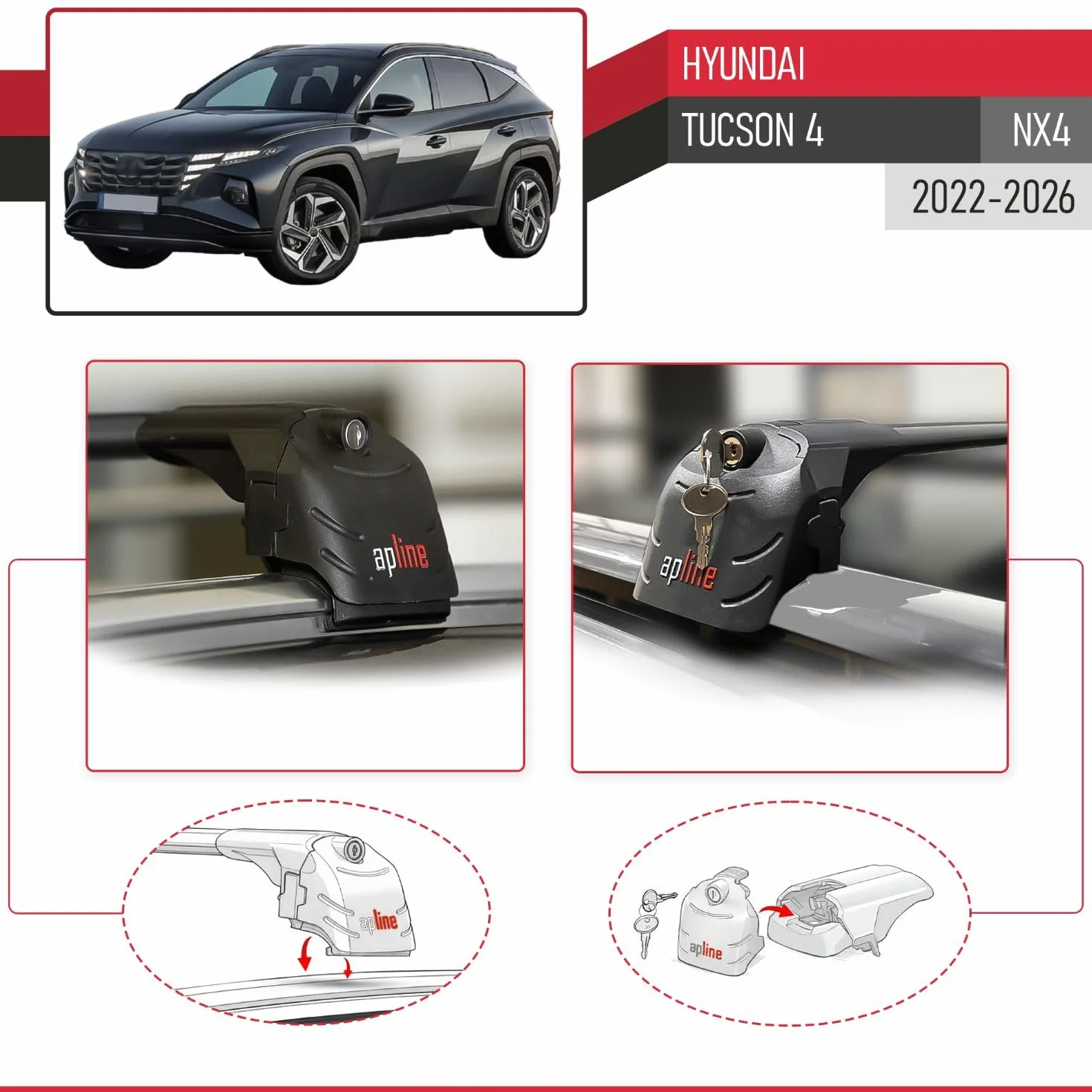Kompatybilny z Hyundai Tucson 4 (NX4) 2022-2026 Aluminiowy bagażnik dachowy – 2 poprzeczki, czarne