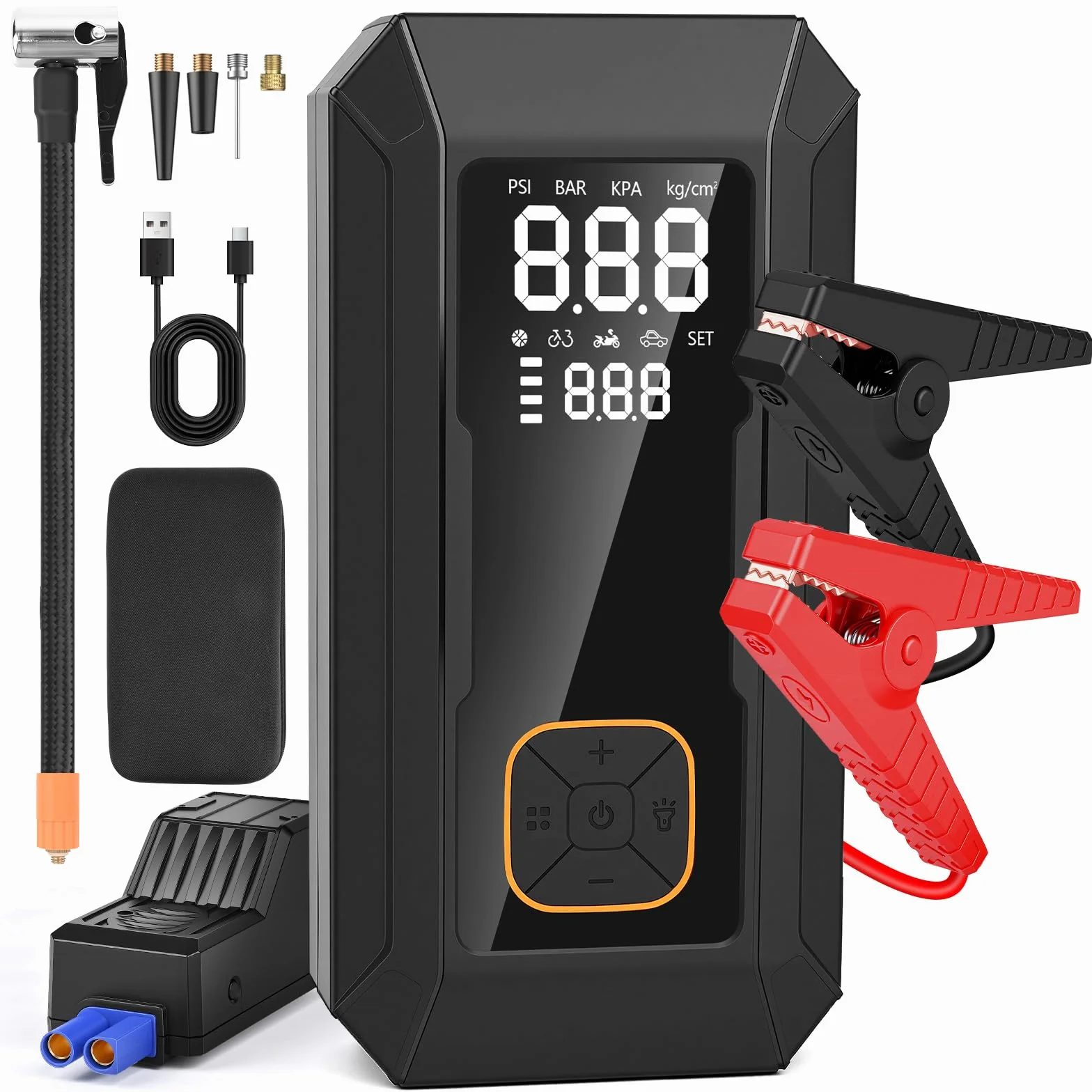 Booster akumulator ze sprężarką, rozrusznik do akumulatora samochodowego, pompka opon 150 PSI, 8000 mAH do opon samochodowych, dowolny gaz lub olej napędowy 8,0 l, ekran LCD, oświetlenie awaryjne