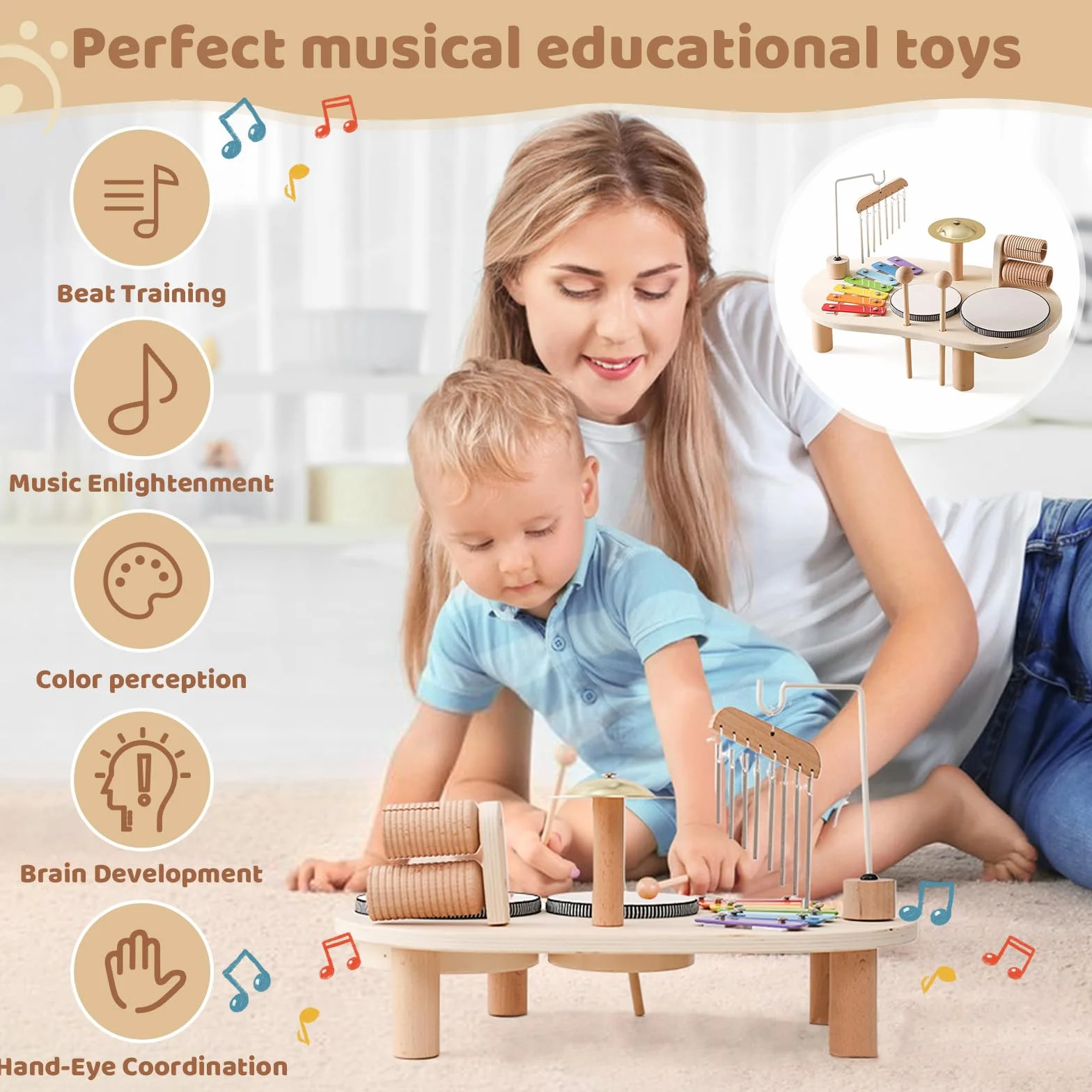 Montessori zestaw perkusyjny dla dzieci, z drewna, 7 w 1, zabawka edukacyjna, perkusja z ksylofonem, zestaw bębnów dla dzieci