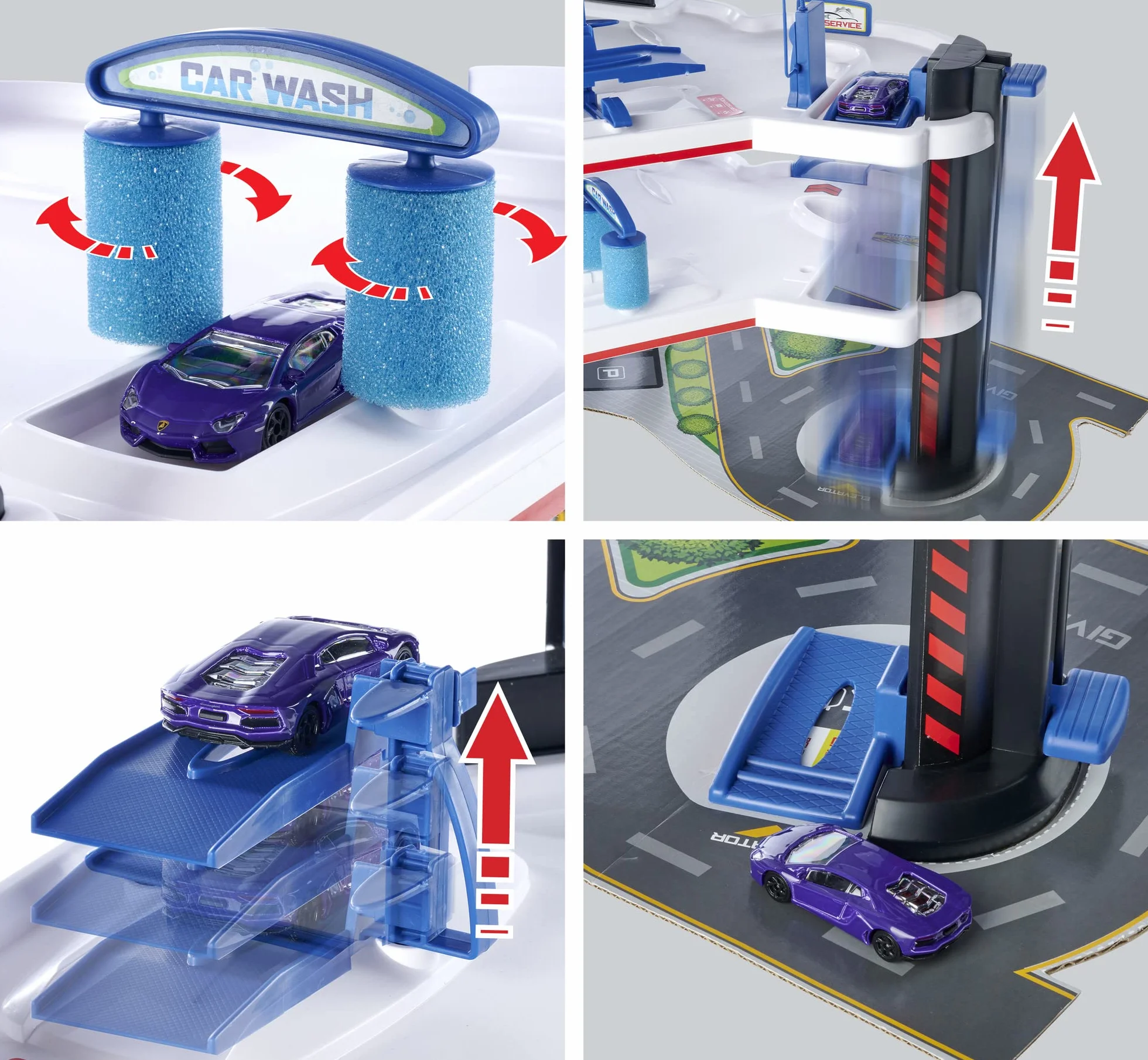 Majorette 212059985 Urban Garage w zestawie samochód zabawkowy, parking z 3 piętrami, parking z ręcznym windą, pralnia i stacja benzynowa, 60 x 60 x 45 cm, dla dzieci od 5 lat, wielokolorowy