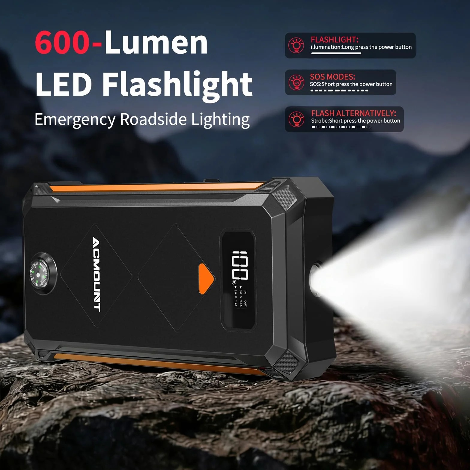 Acmount Powerbank Rozruchowy, 7000A Samochodowy Powerbank Rozruchowy do Osobowych, Rozrusznik (Do 12L Benzyna/10L Diesel), Booster Baterii z Latarką LED, Kablami Rozruchowymi, USB i Kompasem