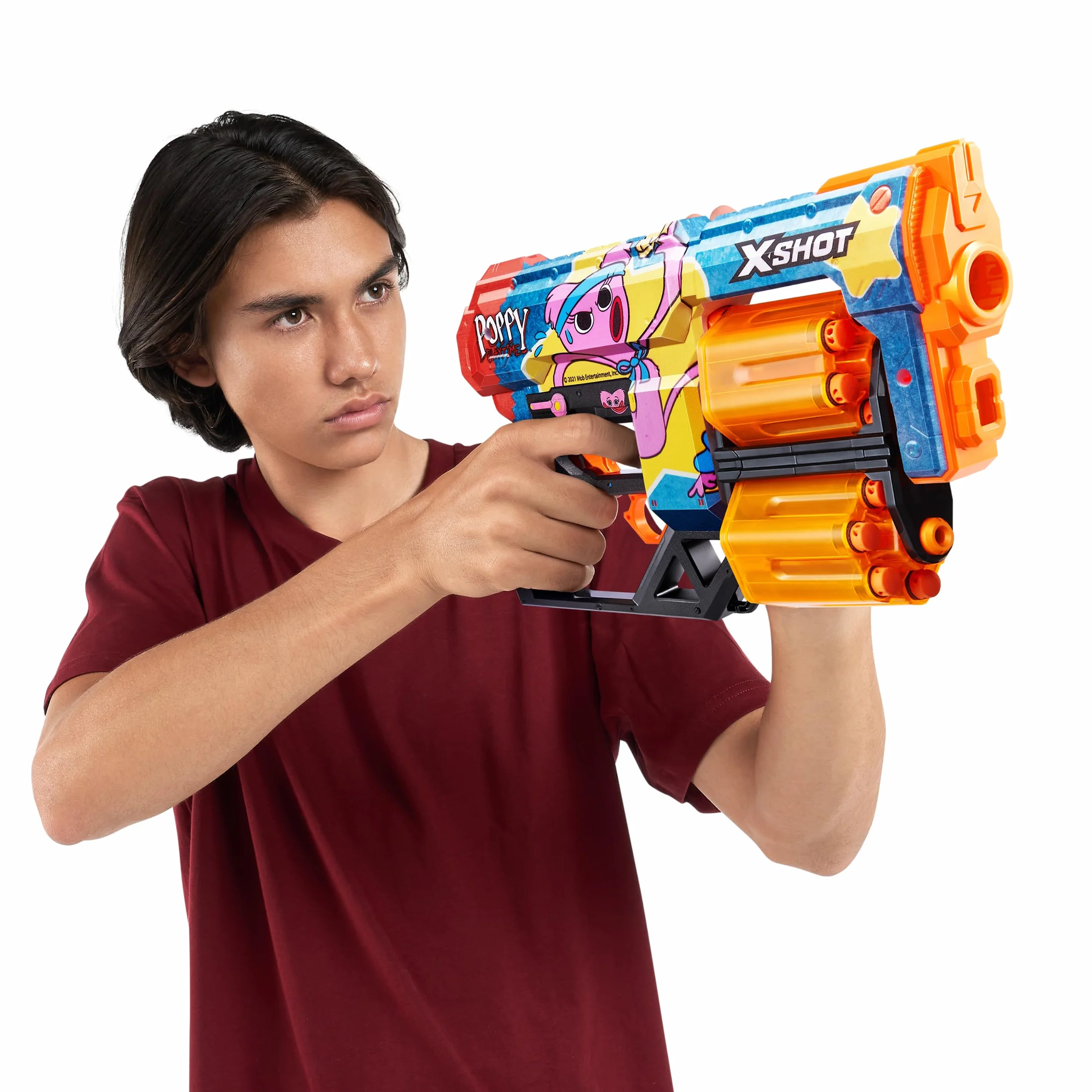 X-Shot Skins Dread Blaster - Poppy Playtime (Kissy) marki ZURU z 12 rzutkami, podwójna obrotowa beczka, technologia rzutek powietrznych, zabawka do piany dla dzieci, nastolatków i młodzieży