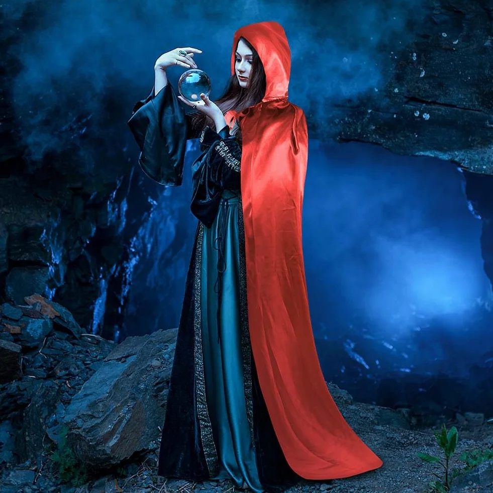 Aomig Czarna peleryna z kapturem na Halloween dla dorosłych, długa peleryna z kapturem, czarownica, akcesoria do cosplay, tajemniczy czarodziej, bajkowy, fantazyjny kostium, Halloween, maskarada