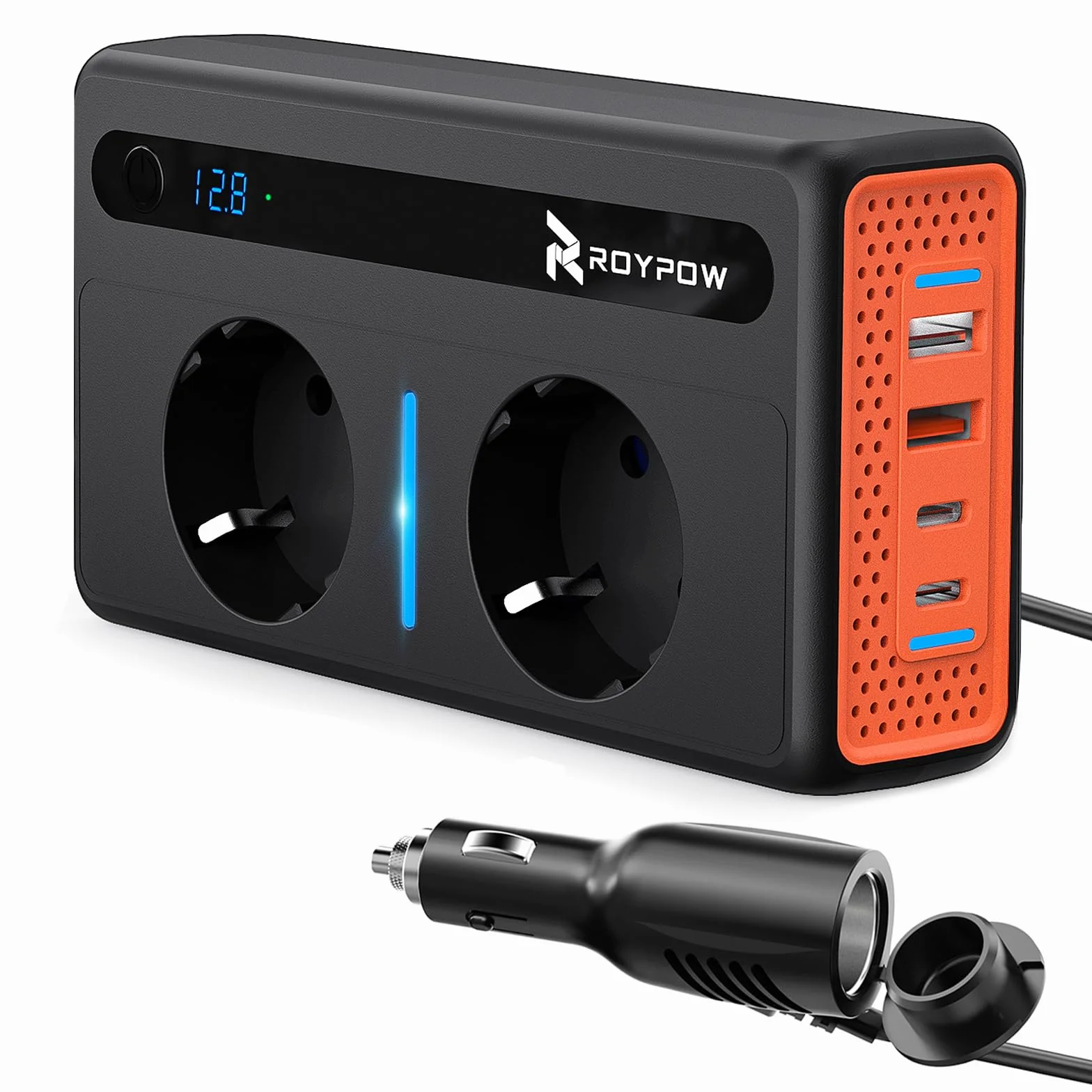 RoyPow Przetwornica napięcia DC na AC, 200 W, 12 V do 230 V, z 2 gniazdami i 4 portami USB, szybkie ładowanie, ładowarka samochodowa z wtyczką do zapalniczki samochodowej