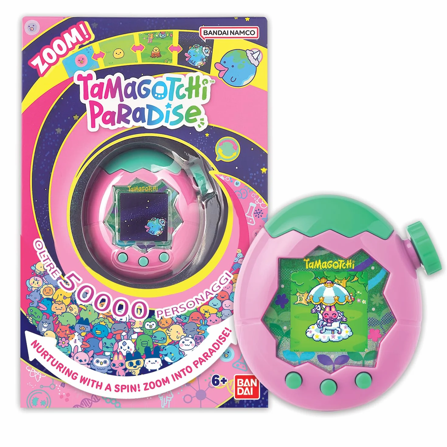 TAMAGOTCHI Bandai Paradise Terre - Wirtualne zwierzę do hodowli z kółkiem zoomu - interaktywna zabawka w języku francuskim - Różowo-zielony model Ziemi - Zabawka dla dzieci w wieku 6 lat i powyżej