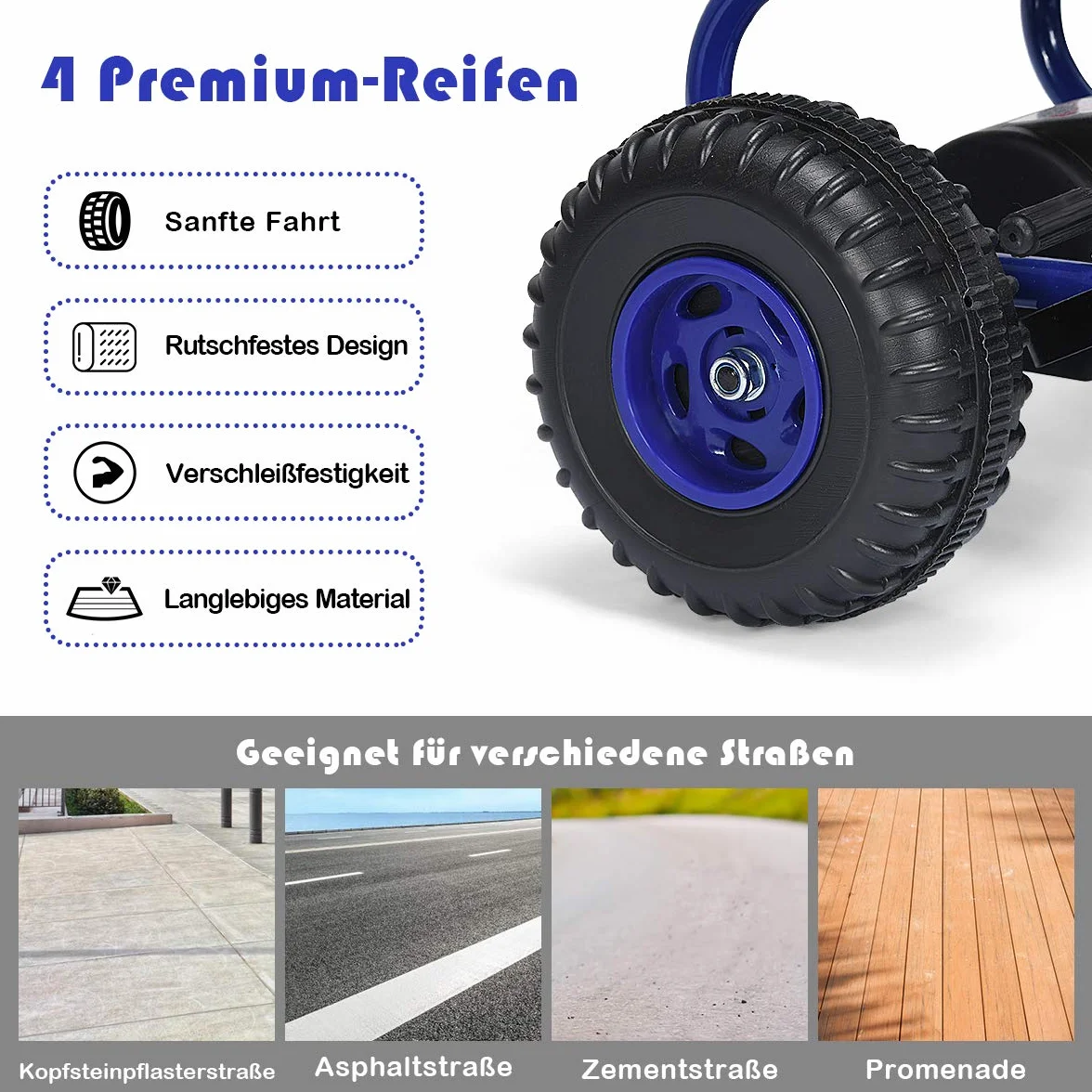 COSTWAY Gokart z regulowanym siedziskiem, Go Cart z hamulcem ręcznym, samochód na pedały, obciążenie do 30 kg, pedały, pojazd pedałowy, pojazd dla dzieci w wieku 3-6 lat (niebieski)