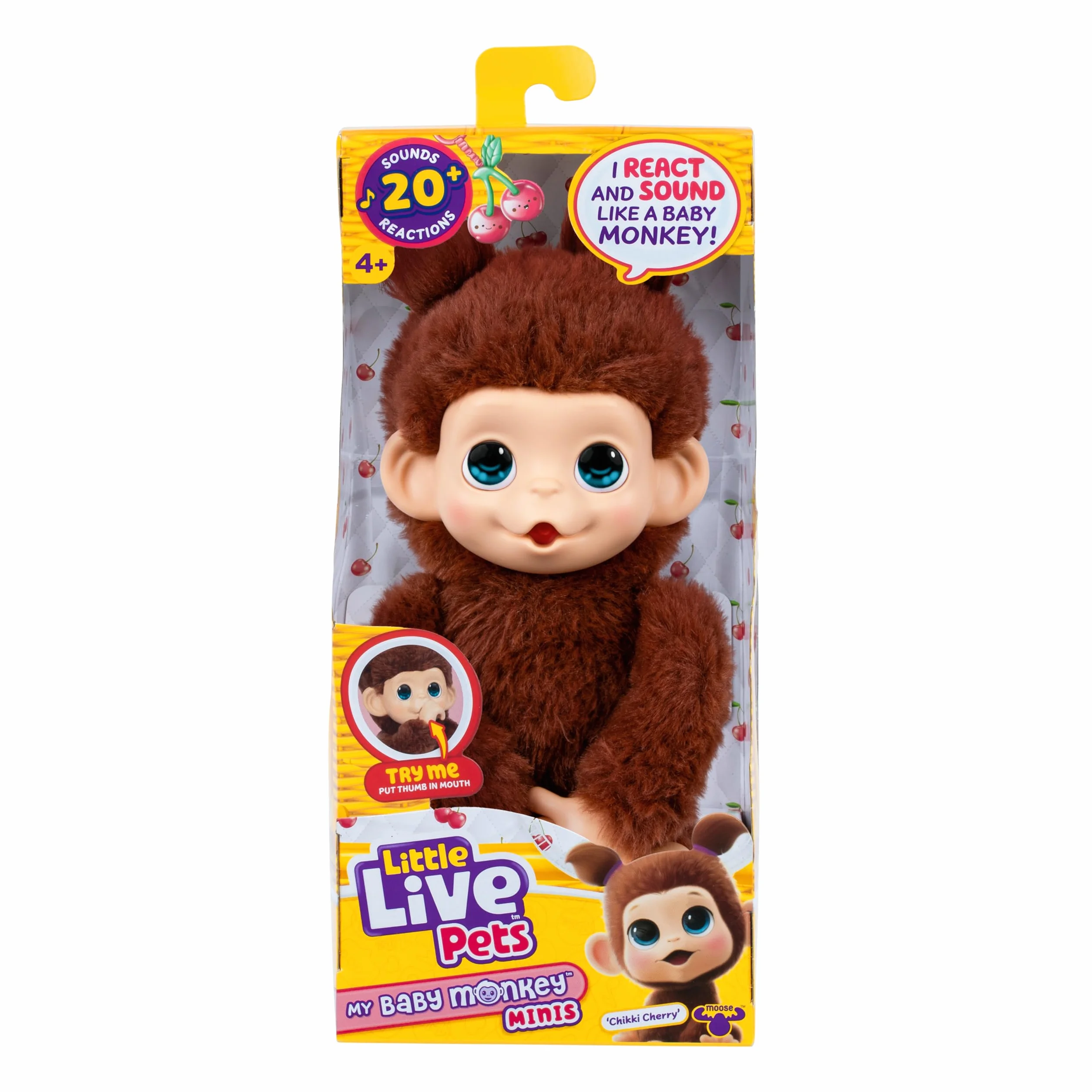 Little Live Pets Baby Monkey Minis – Chikki Cherry. Interaktywna zabawka dla zwierząt domowych. Ponad 20 dźwięków i reakcji. Miękkie brązowe futro. 18,8 cm wysokości. Super realistyczny. Karmić