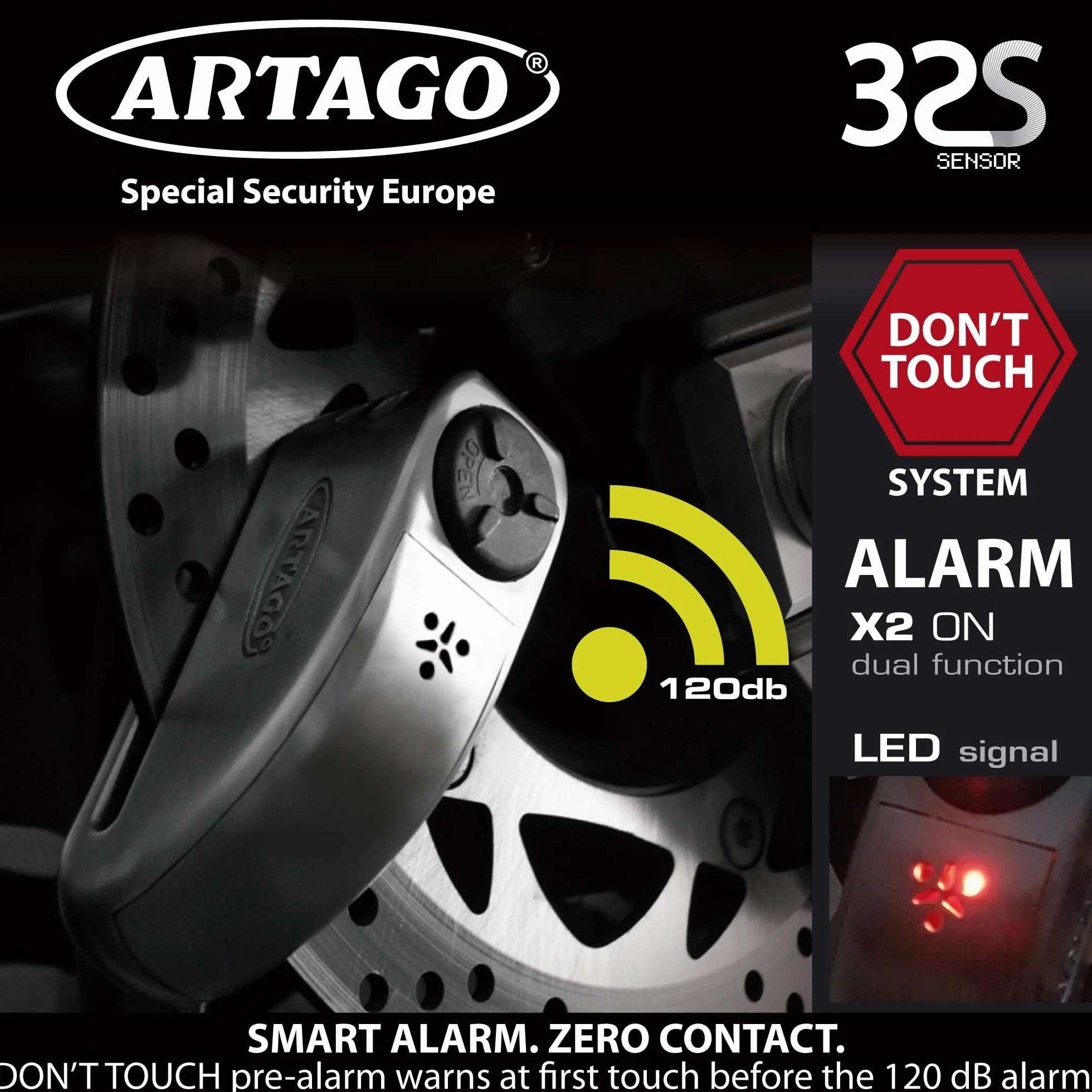 Artago 32 Blokadą Tarczy Hamulcowej Motocykl, Alarm Don't Touch 120 dB, Wysoka Jakość ø15 S.A.A. Zamek, Homologowany SRA, stal nierdzewna