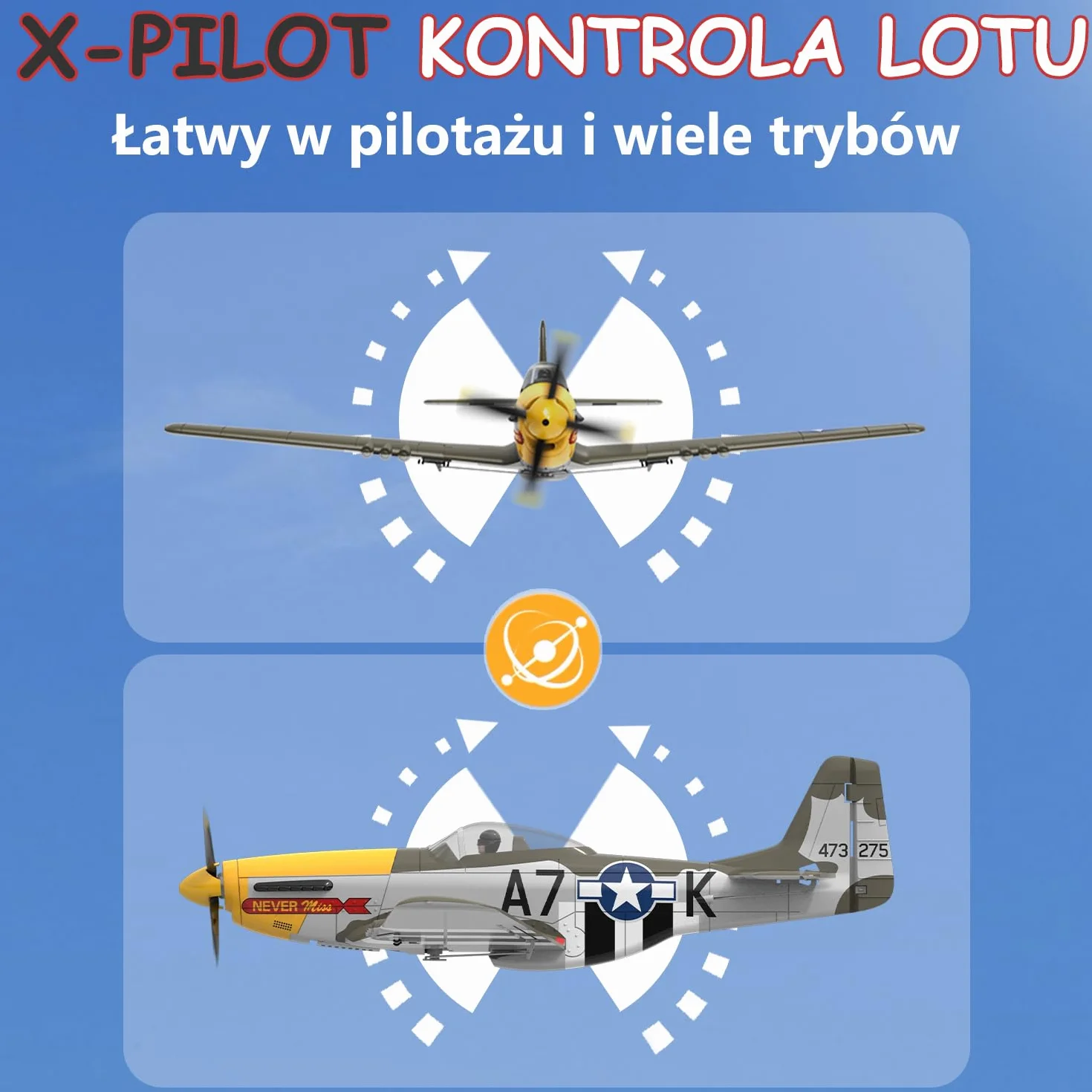 HAWK'S WORK Samolot RC P-51D Mustang 500mm, 4-kanałowy Zdalnie Sterowany Warbird RTF, Silnik Bezszczotkowy 6-osiowy Żyroskop 3 Tryby Lotu, Łatwy w Pilotażu dla Początkujących Chłopców i Dorosłych
