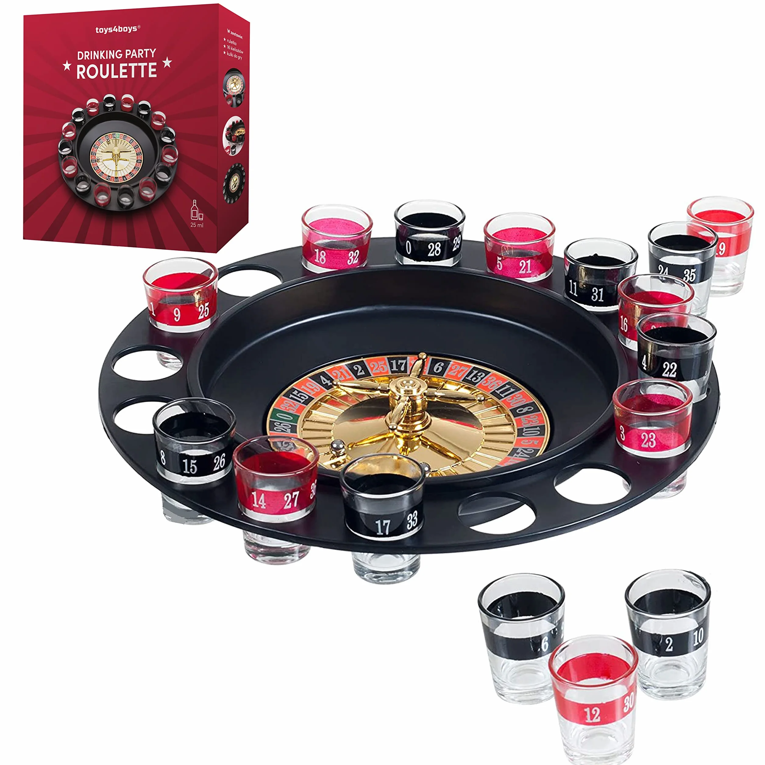 Toys4Boys Shot Roulette Drinking Game - gra do picia ruletki w zestawie 16 kieliszków do gry w kasyno impreza strzał ruletka - picie gry dla dorosłych i dla par