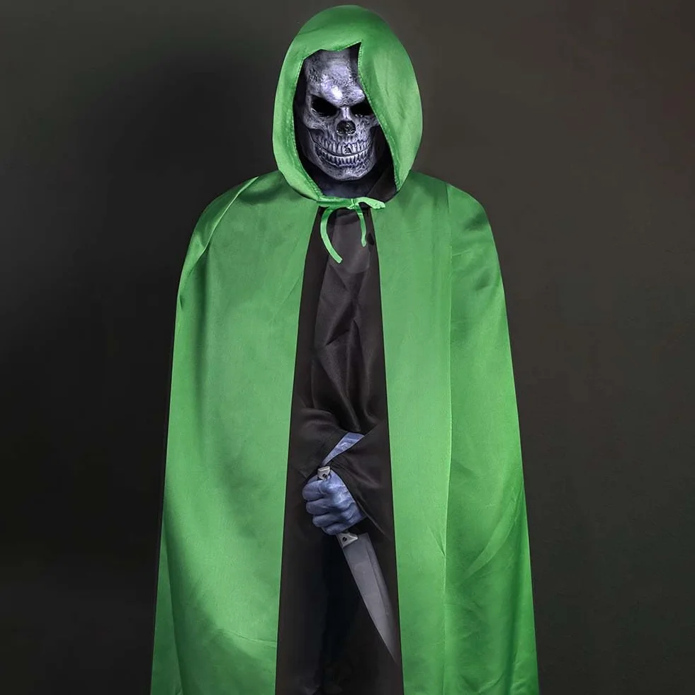 Aomig Czarna peleryna z kapturem na Halloween dla dorosłych, długa peleryna z kapturem, czarownica, akcesoria do cosplay, tajemniczy czarodziej, bajkowy, fantazyjny kostium, Halloween, maskarada
