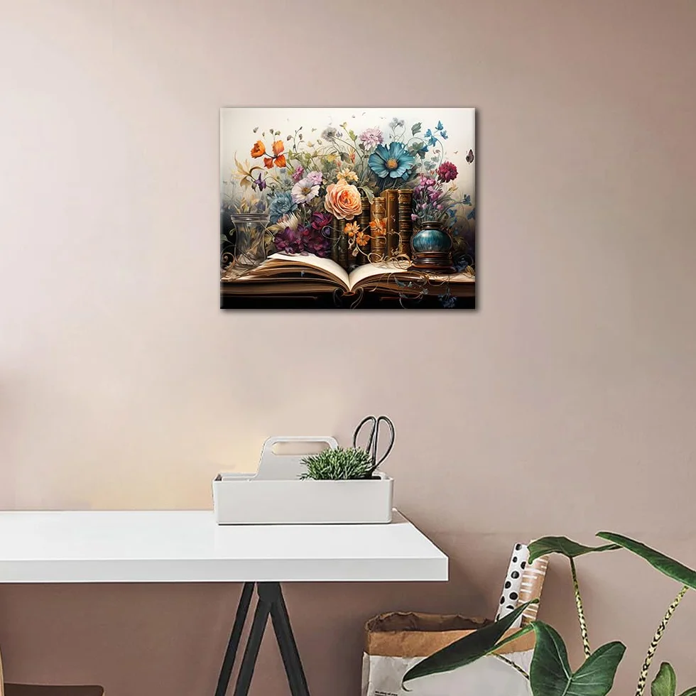 TISHIRON Malowanie według liczb dla dorosłych, książki i kwiaty, motyw akwarelowy, zestaw "zrób to sam", na płótnie 40 x 50 cm, z farbami akrylowymi i pędzlami, kreatywne hobby do domu i pomysły na