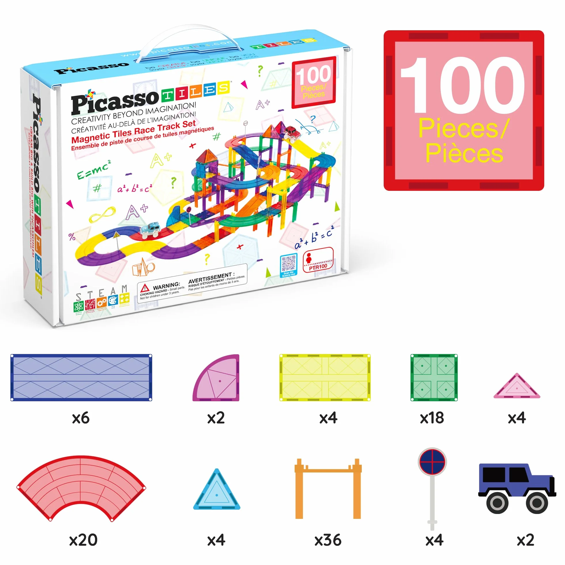 PicassoTiles Zestaw magnetycznych klocków z 2 diodami LED, z regulacją wysokości, znaki drogowe, edukacja, STEM, zestaw do budowania, zabawa, dla chłopców i dziewcząt, 100 szt