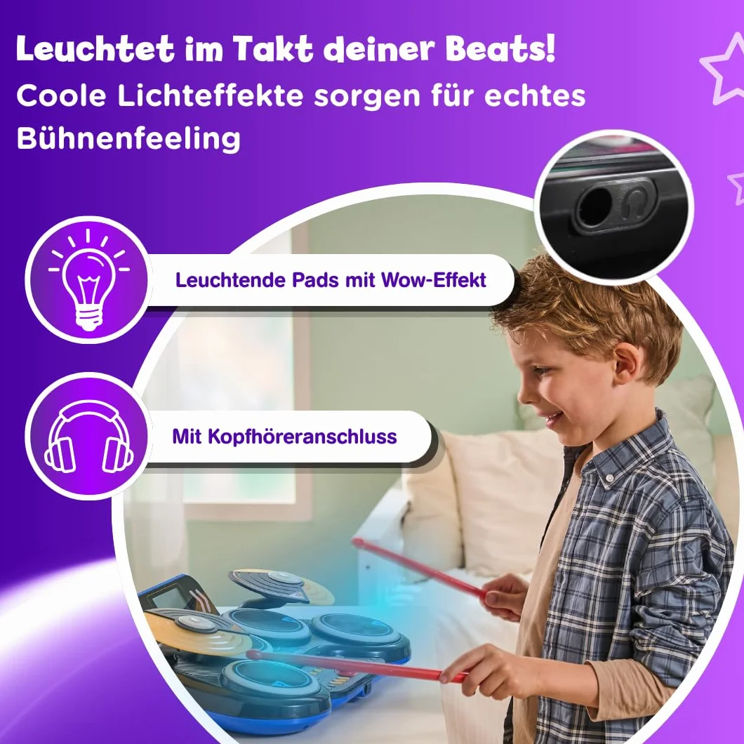 VTech Kidi DJ Drums – elektroniczna perkusja z efektami świetlnymi i trybem nauki – dla dzieci w wieku 6-12 lat