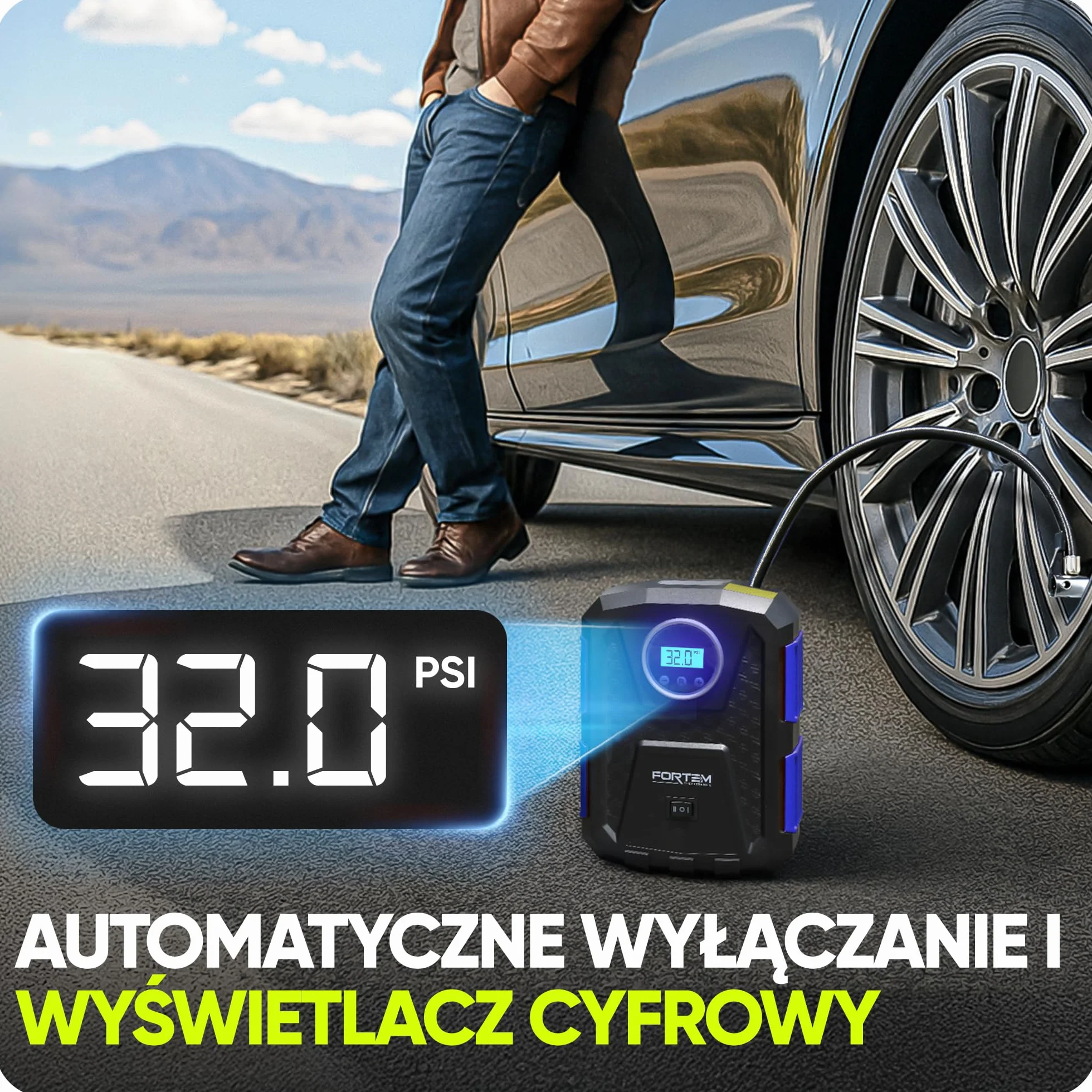FORTEM Kompresor Samochodowy Przenośna Pompka Elektryczna z Cyfrowym Manometrem i Automatycznym Pompowaniem