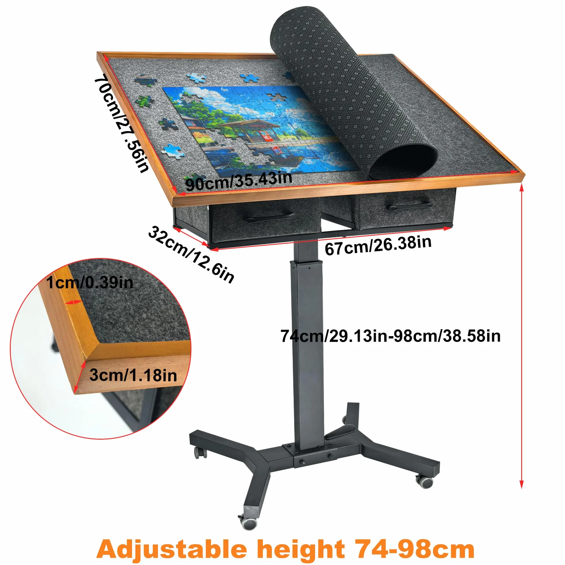 FATIVO Stół do puzzli, 1500 elementów, z regulacją wysokości na kółkach, 70 x 90 cm, z 2 szufladami z materiału, mobilna deska puzzli 74-98 cm, dla dorosłych, regulowany kąt, kolor czarny, brązowy
