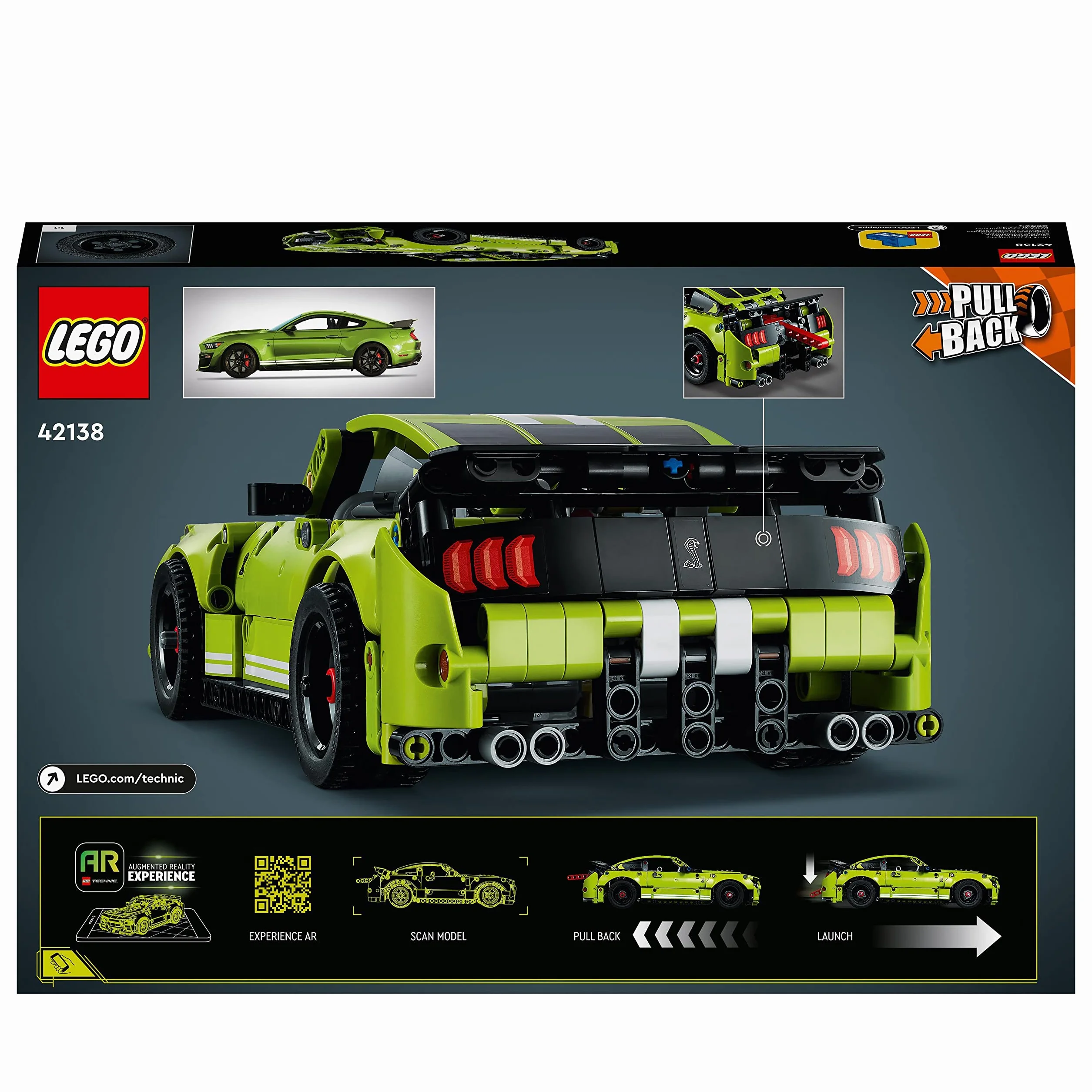 LEGO Technic Ford Mustang Shelby GT500, Zestaw Kreatywny do Budowy Modelu Wyścigówki z Napędem Typu Pull-Back i Funkcją AR, Klocki Konstrukcyjne, Prezent dla Nastolatków, 42138