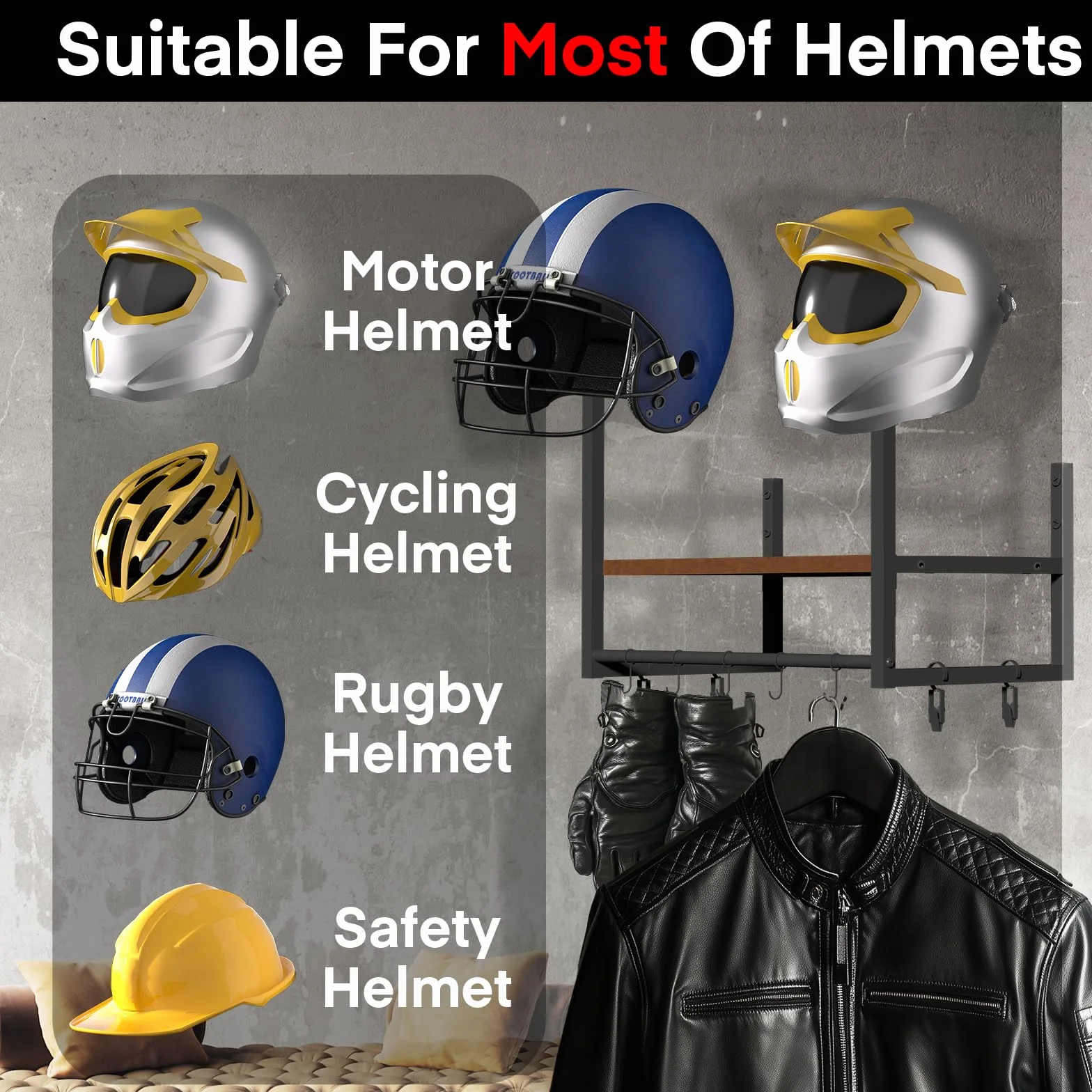 Uchwyt na kask motocyklowy, montowany na ścianie, jednowarstwowy uchwyt na kask retro, wykonany z żelaza i drewna, do przechowywania akcesoriów motocyklowych