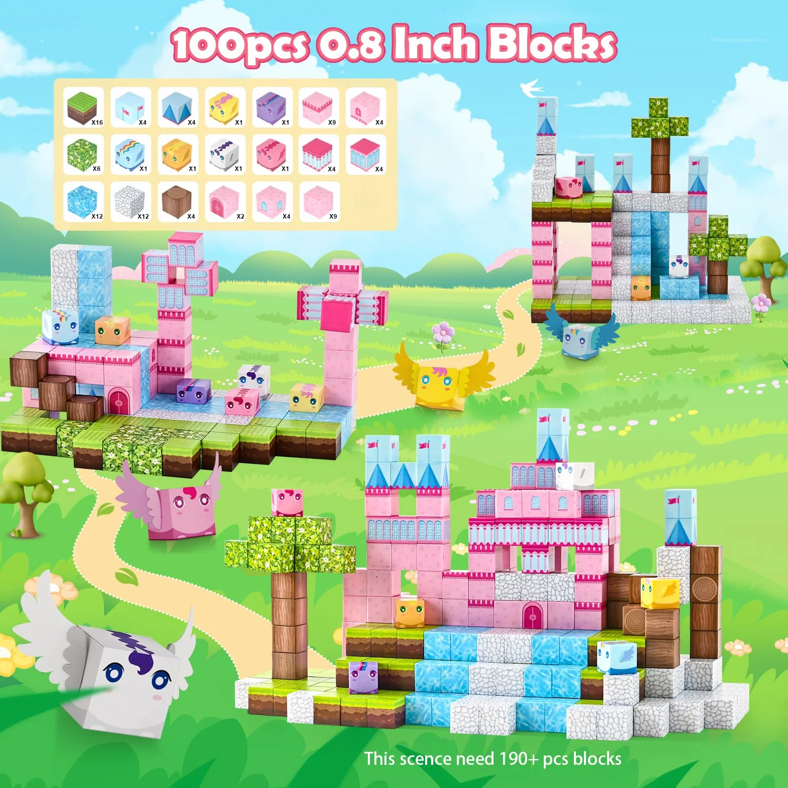PINKCAT – 100 sztuk klocków magnetycznych, klocki do budowania różowego zamku dla dzieci, zabawki sensoryczne STEM dla maluchów, zabawka niezbędna w podróży, dla dziewczynek w wieku 3–12 lat
