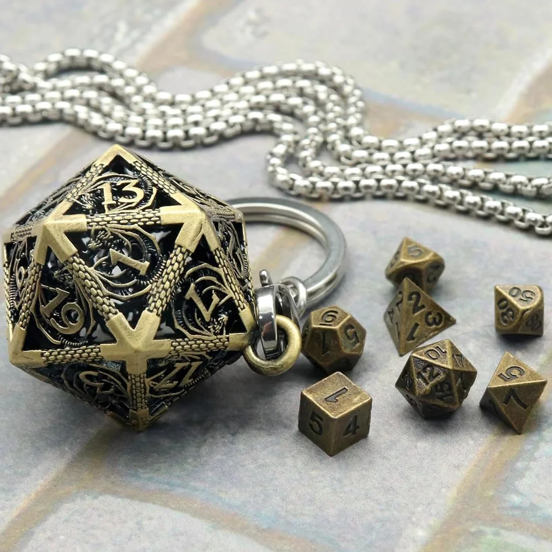 Mini kostka DND, zestaw do gry z obudową do MTG RPG D&D D4 D6, D8, D%, D10, D12, D20 - antyczny brąz