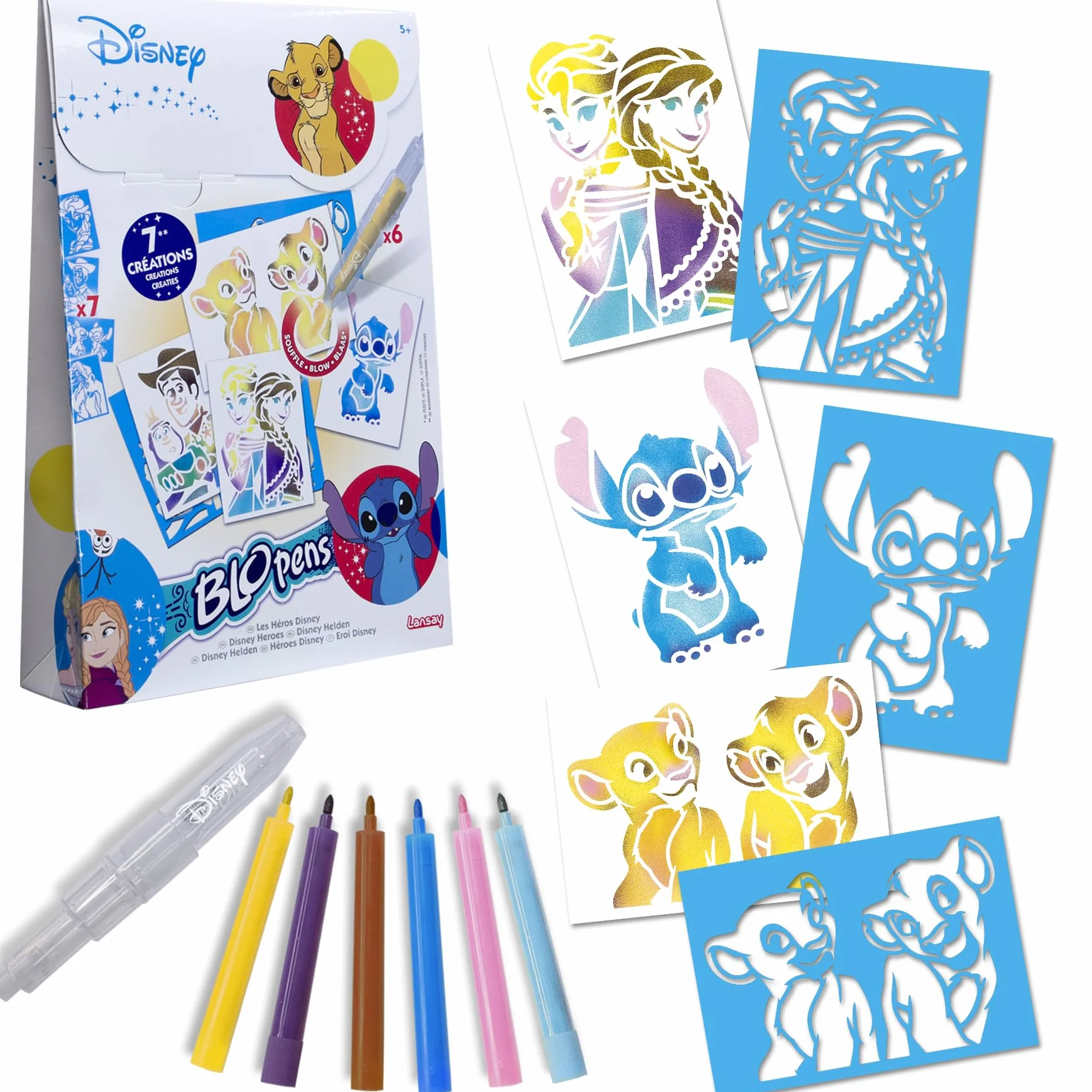 Lansay - BLOPENS DISNEY ZWIERZĘTA - Zestaw do rysowania dla dzieci od 5 lat - 6 flamastrów do kolorowania + 7 szablonów wielokrotnego użytku (Bambi lub Simba) - aktywność ręczna - pomysł na prezent