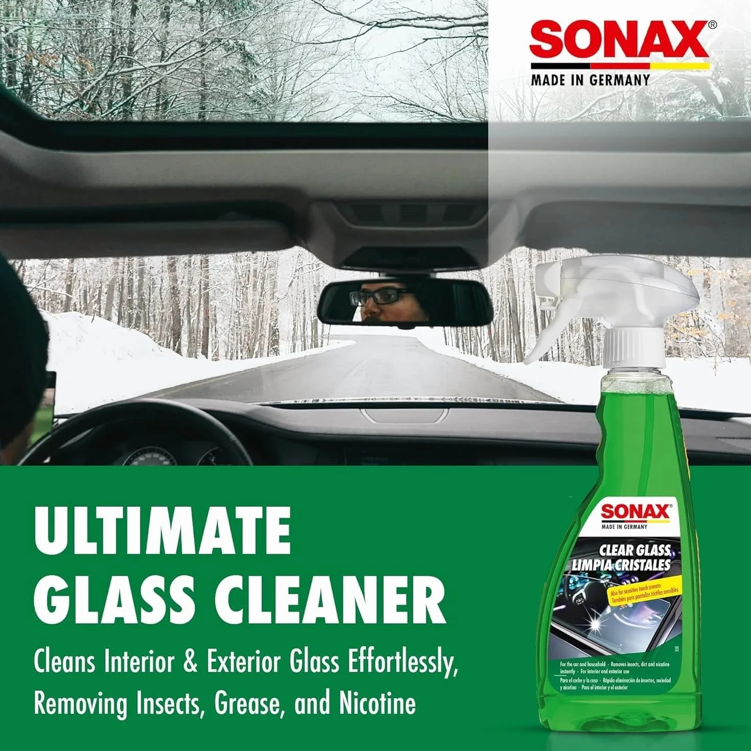SONAX Płyn do czyszczenia szyb, 500 ml, do usuwania zabrudzeń z owadów i brudu drogowego z szyb samochodowych i reflektorów, nr art. 03382410
