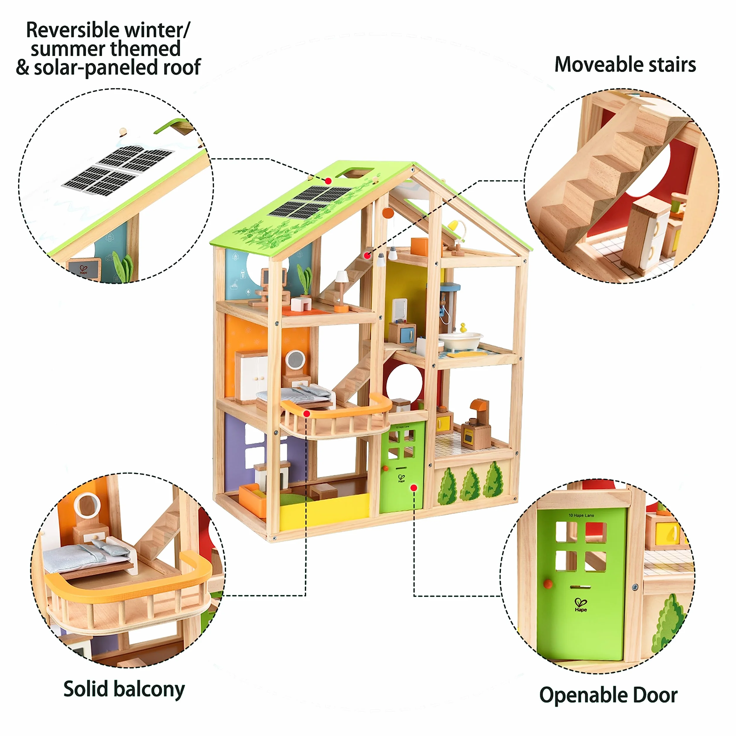 Hape All Season House (Furnished), Award-Winning 3-Storey Dolls House Toy with Furniture, Accessories, Movable Stairs and Reversible Season Theme