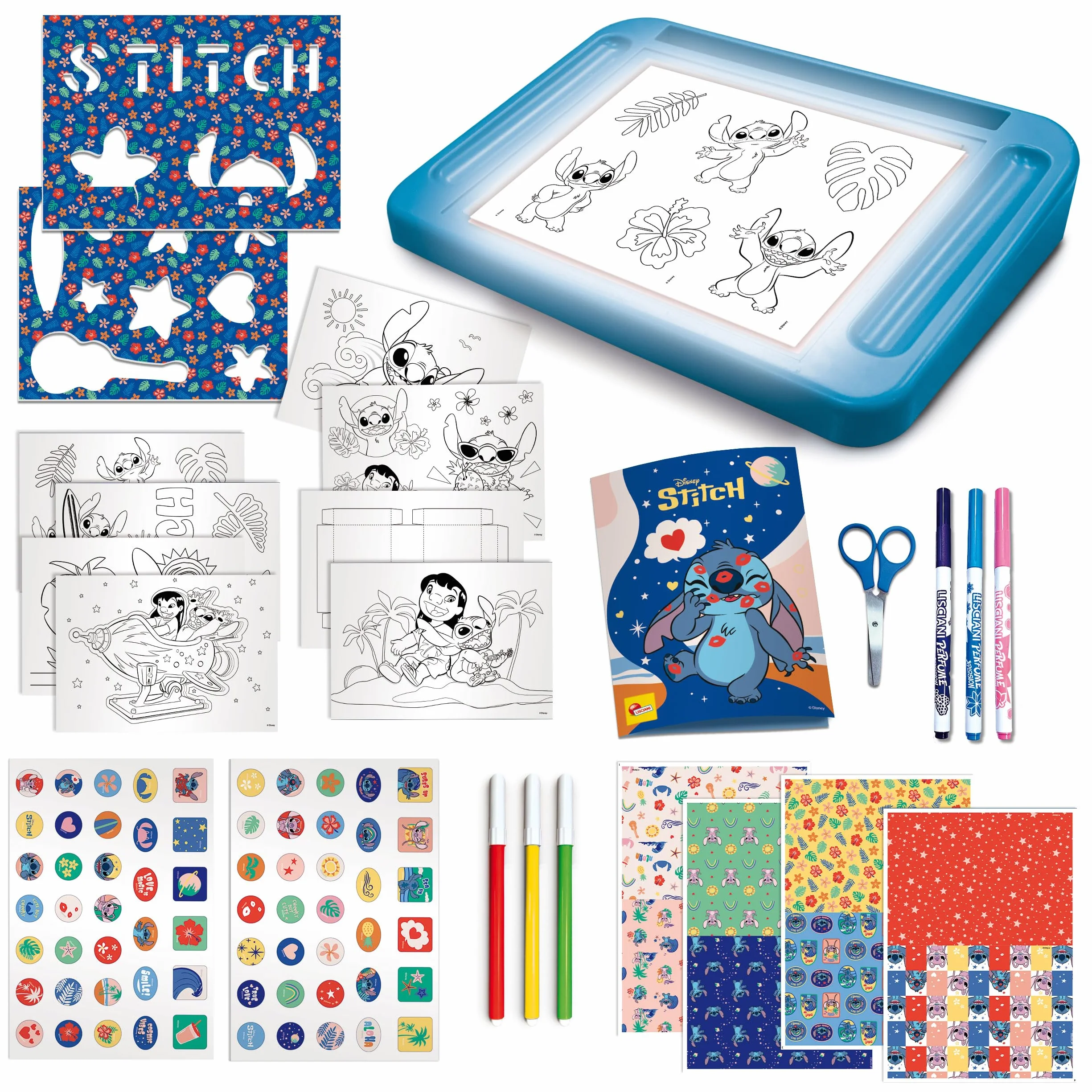 Liscianigiochi Lisciani Disney Stitch - szkoła rysowania projekcyjnego dla dzieci od 5 lat - naucz się rysować ściegiem na lekkim stole A4 - zawiera szablony, naklejki, filc zapachowy i nie tylko
