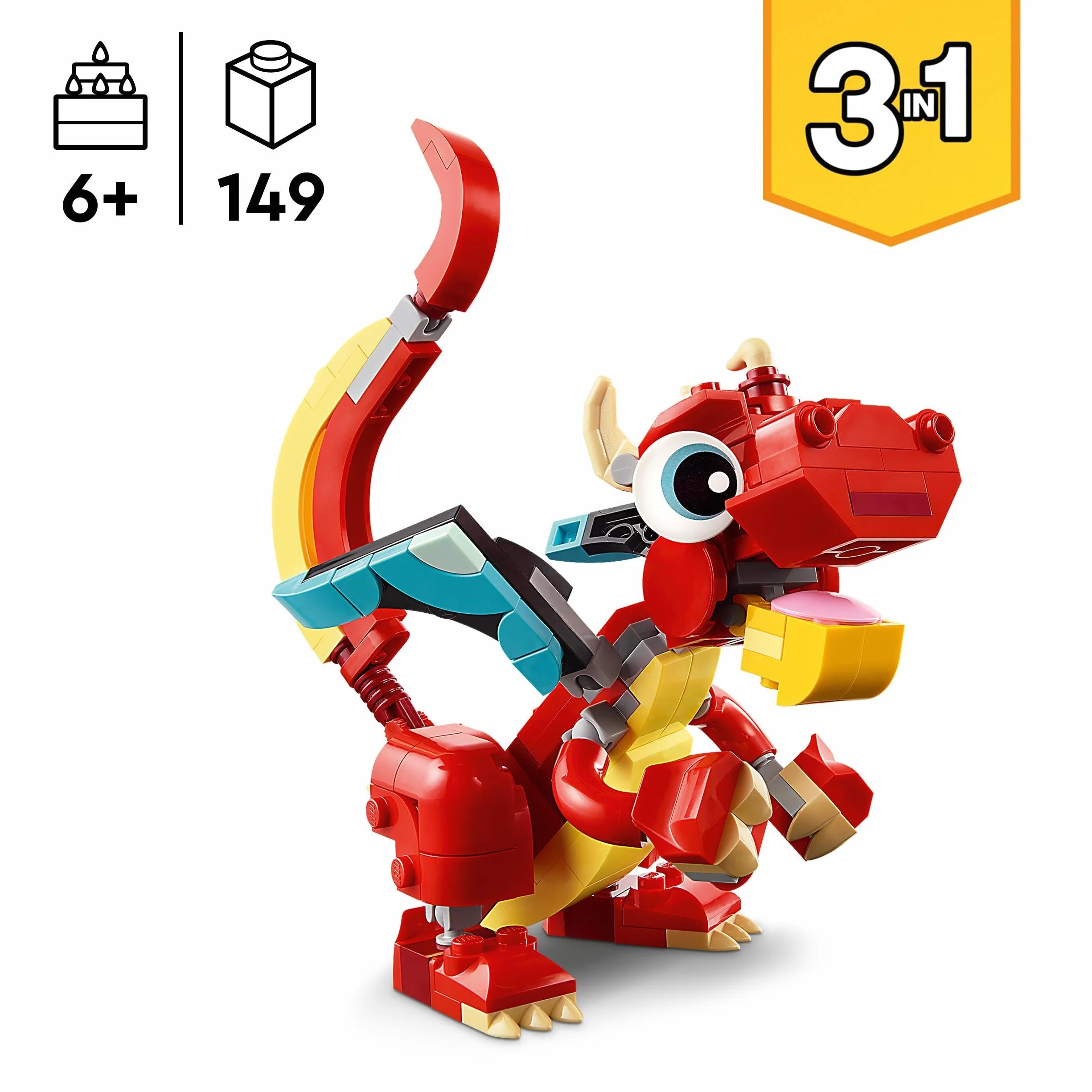 LEGO Creator 3in1 Red Dragon Toy to Fish Figure to Phoenix Bird Model, Animal Figures Set, Gifts for 6 Plus Year Old Boys, Girls and Kids 31145