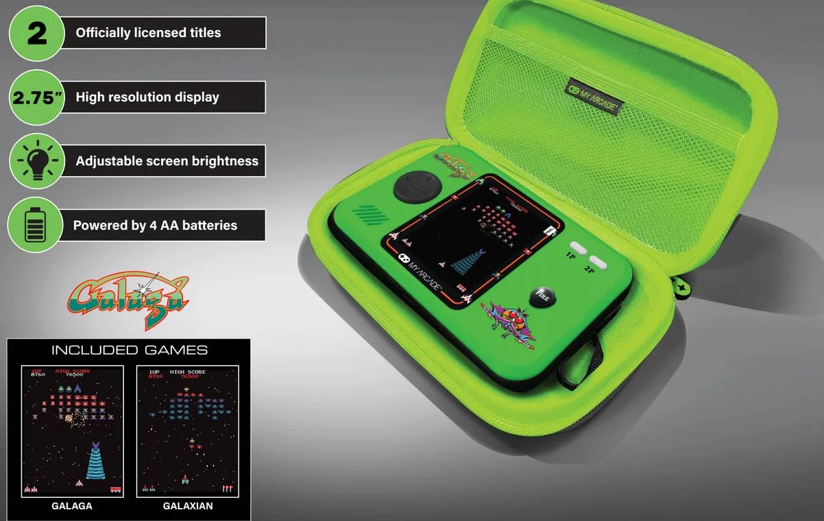 My Arcade Pakiet Pocket Player Galaga: oficjalnie licencjonowana, przenośna konsola do gier, etui podróżne, osłona ekranu w zestawie