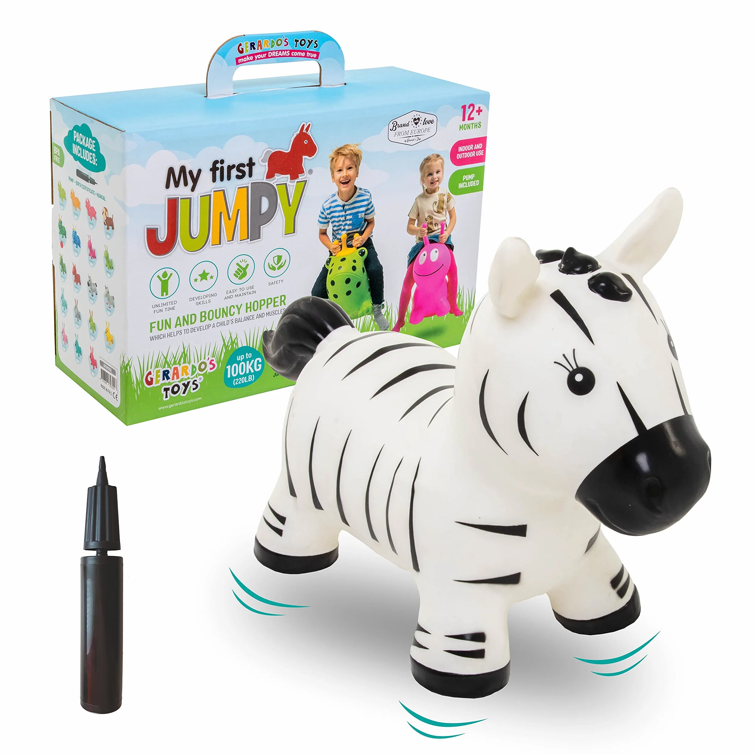 Gerardo's Toys Mój pierwszy samochód do skakania, Space Hopper dla dzieci od 1 roku życia i od 2 lat, skaczący samochód do jazdy konnej, zebra z pompką powietrzną – nadmuchiwany skok dla małych dzieci