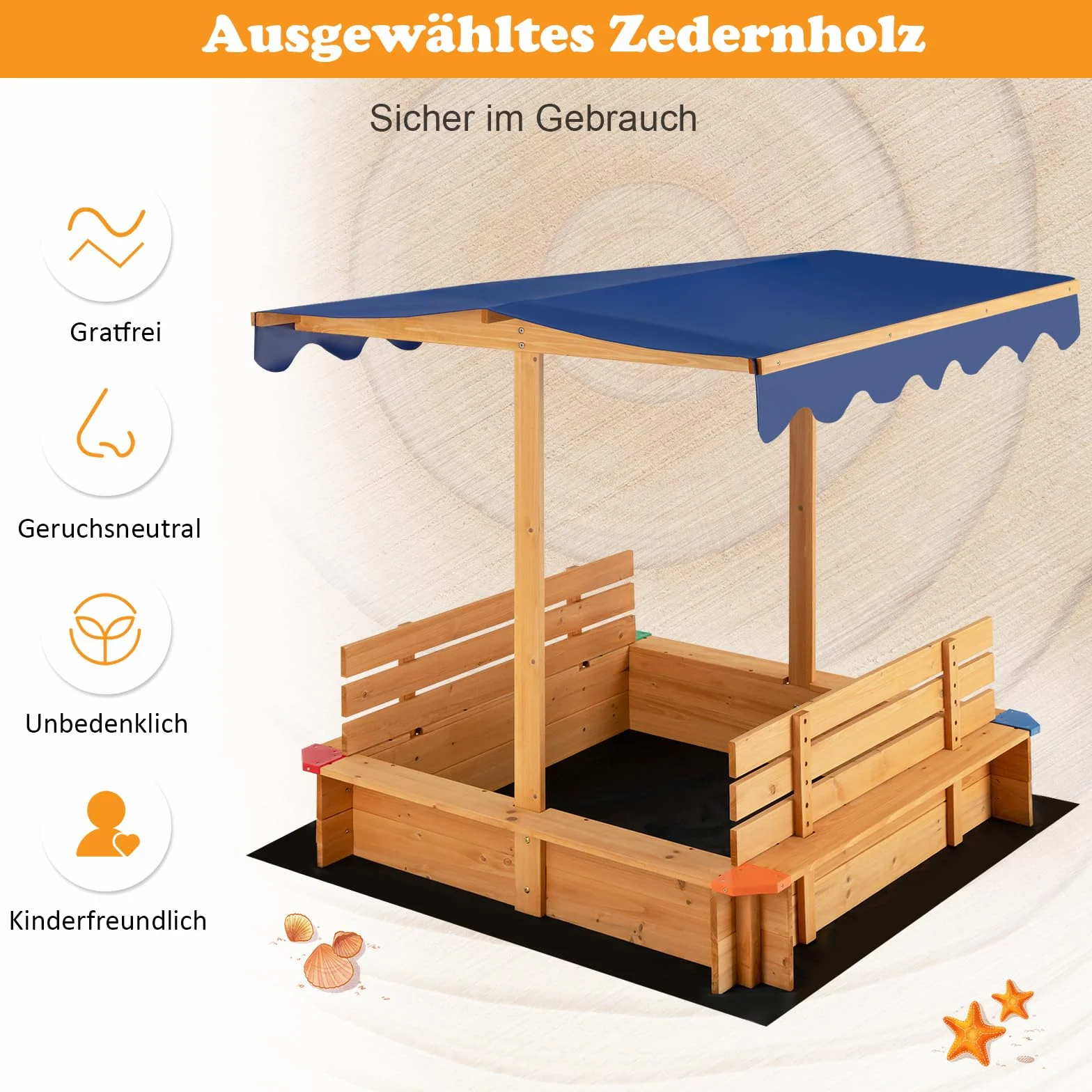 COSTWAY piaskownica z dachem, 120 x 120 cm, piaskownica z drewna cedrowego, duża piaskownica z 2 ławkami do siedzenia, z obiciem podłogowym, bezpodłogowa, wysokość siedziska 21 cm