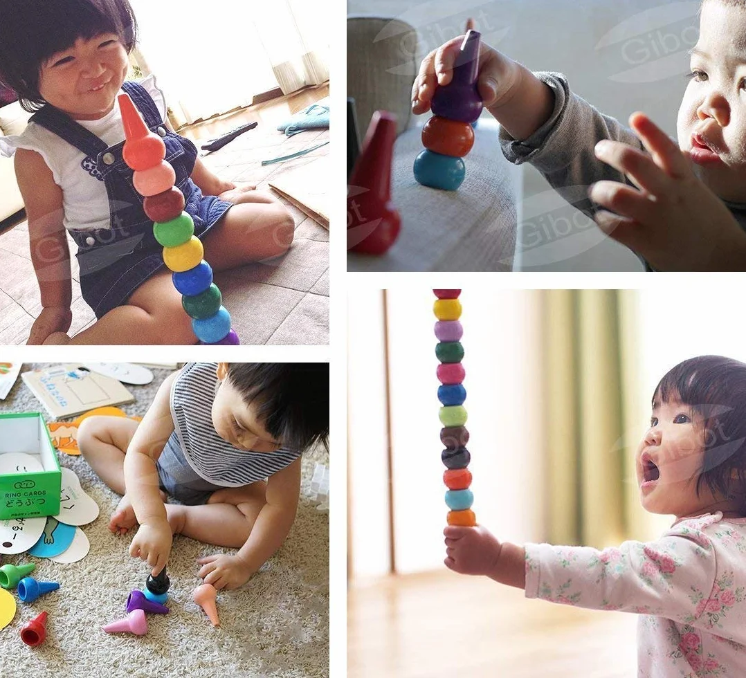 Gibot Toddlers Kredki woskowe, zabawki Montessori, 12 kolorów kredek, zabawki do bezpiecznego układania w stosy, prezenty urodzinowe/bożonarodzeniowe dla dzieci